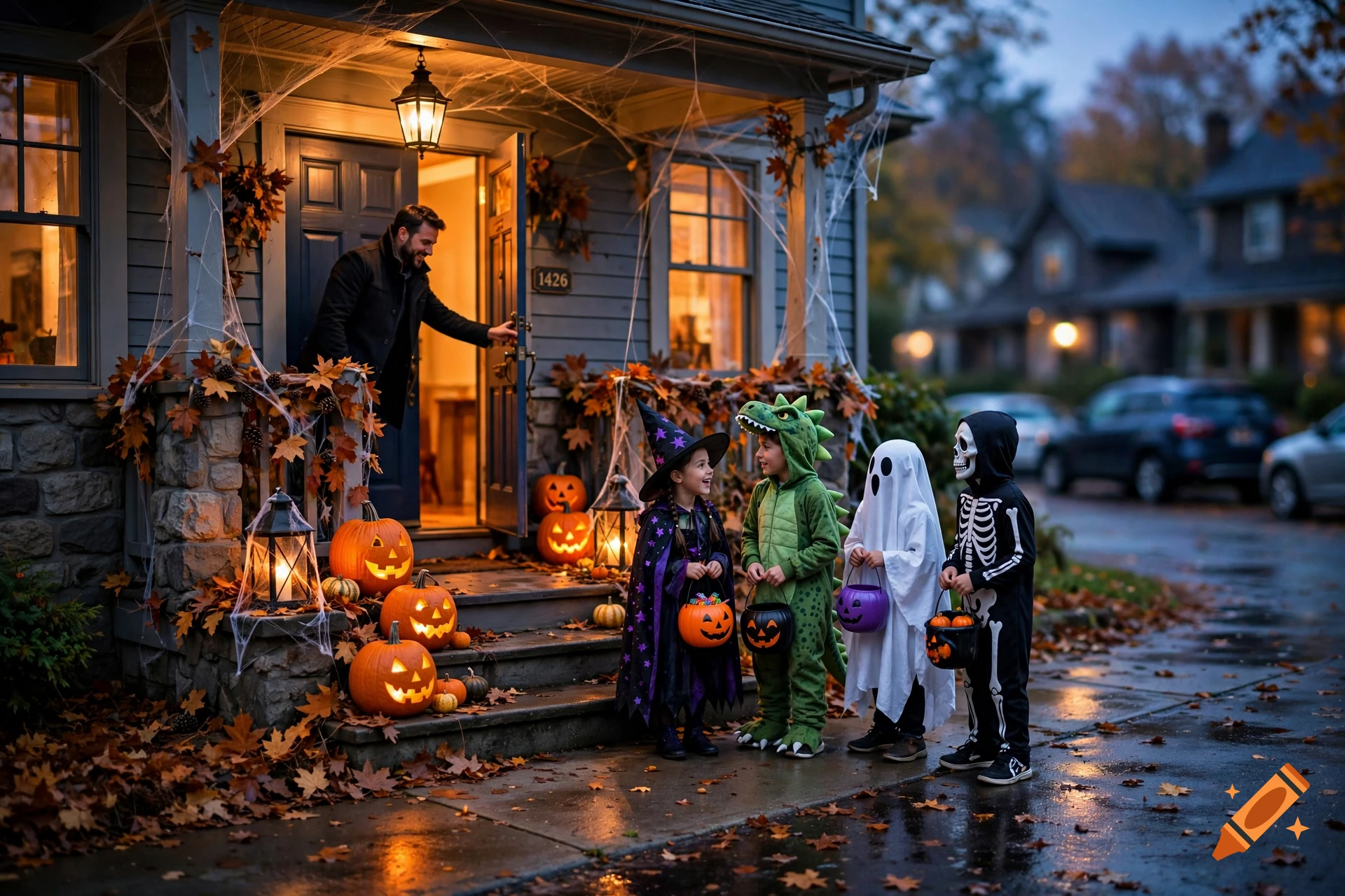 Four children in Halloween costumes standing on a porch with carved pumpkins while a man opens the front door, photorealistic.
