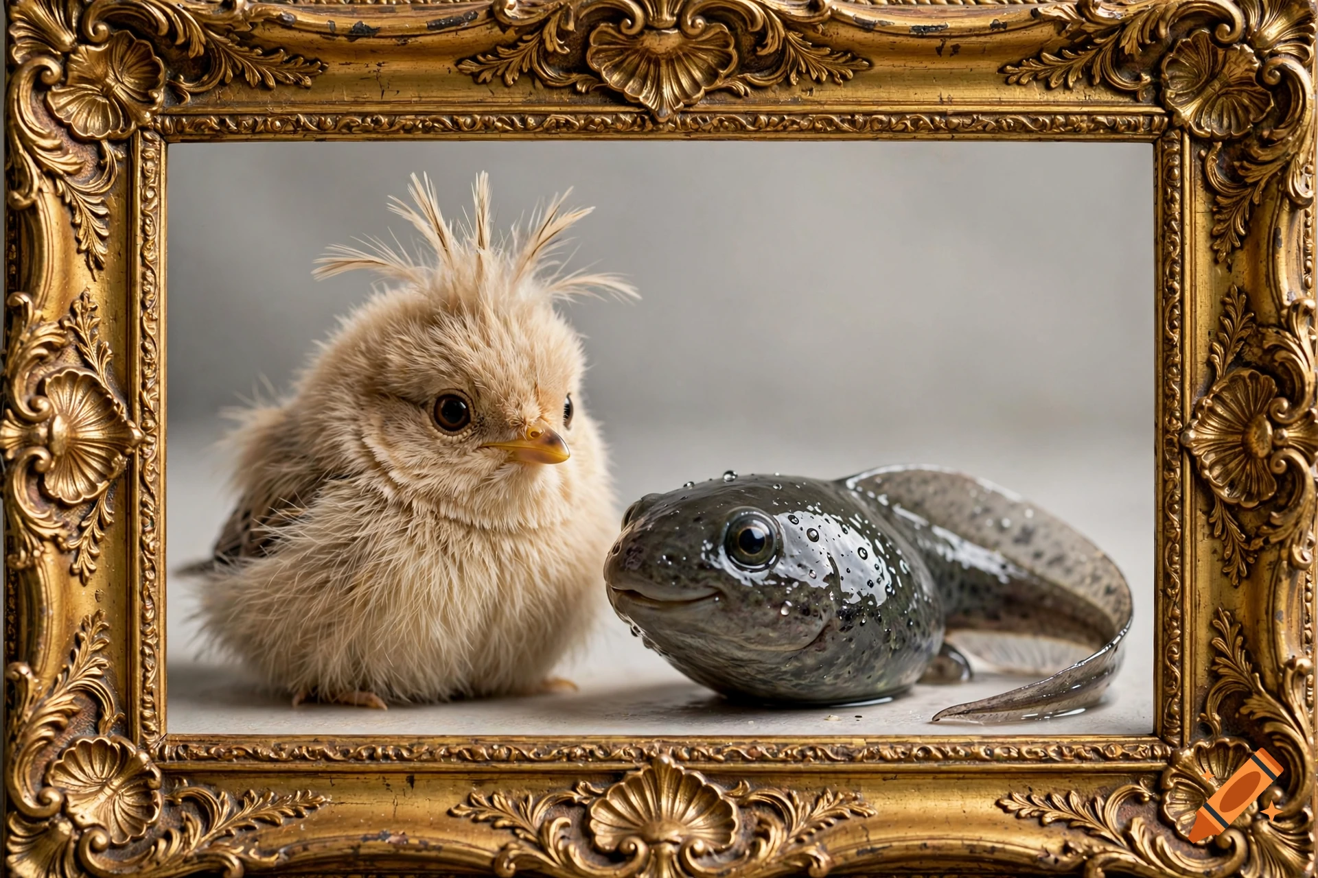 Photorealistic image of a fluffy round chick and a smiling tadpole framed in an ornate gold frame.