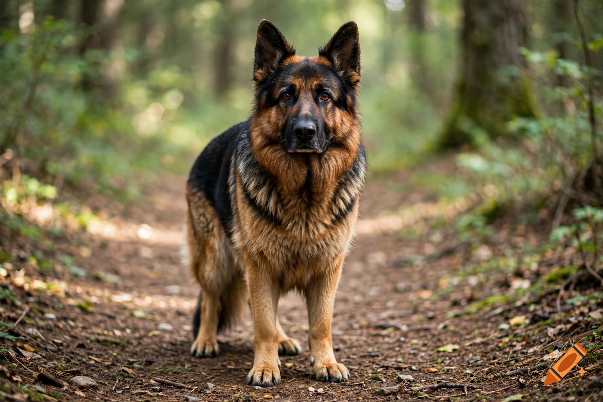 Photorealistic German Shepherd dog standing on a dirt path in a lush forest.