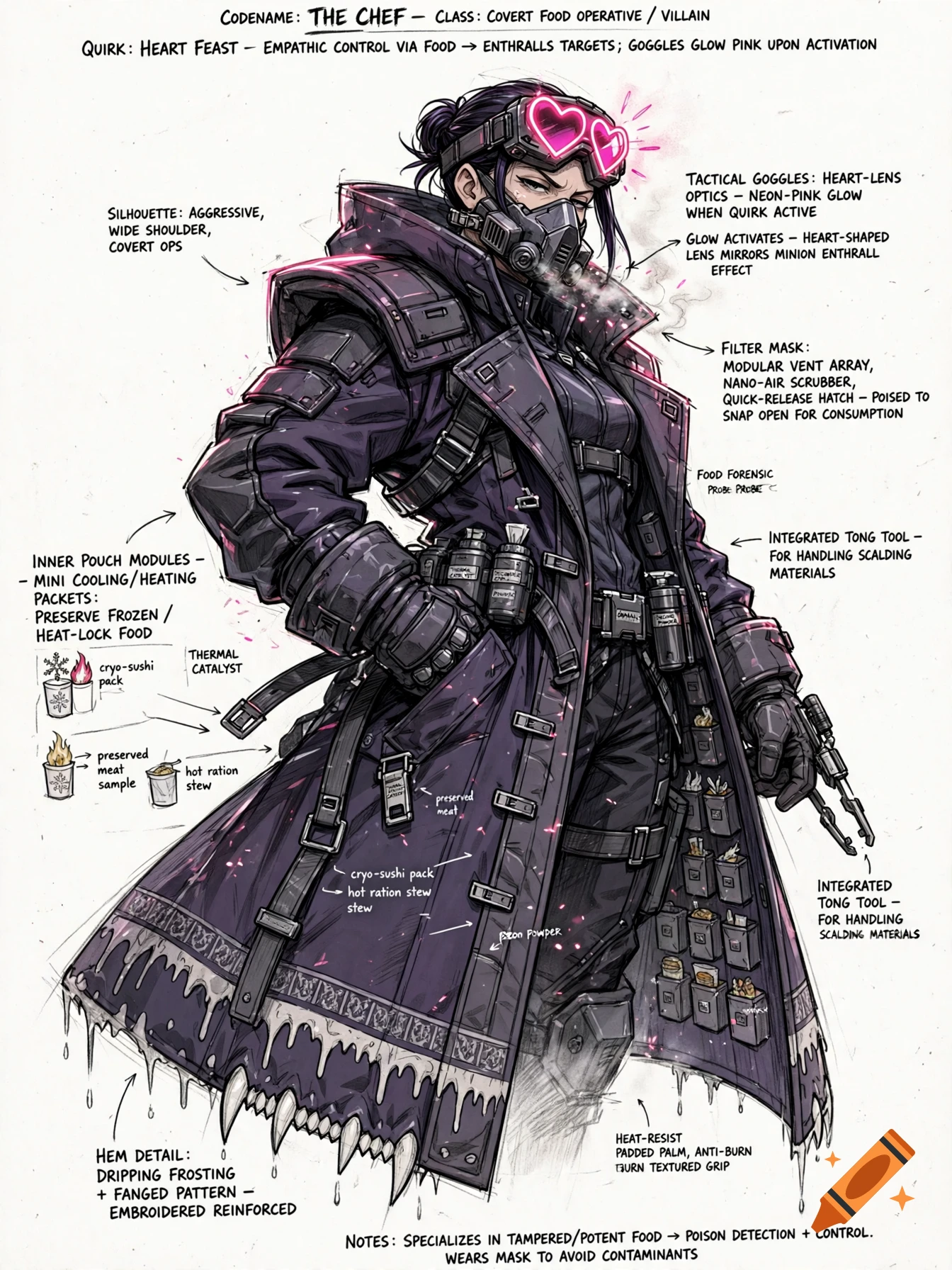 Sketch of an anime villain in a purple trench coat with tactical gear and heart-shaped goggles.