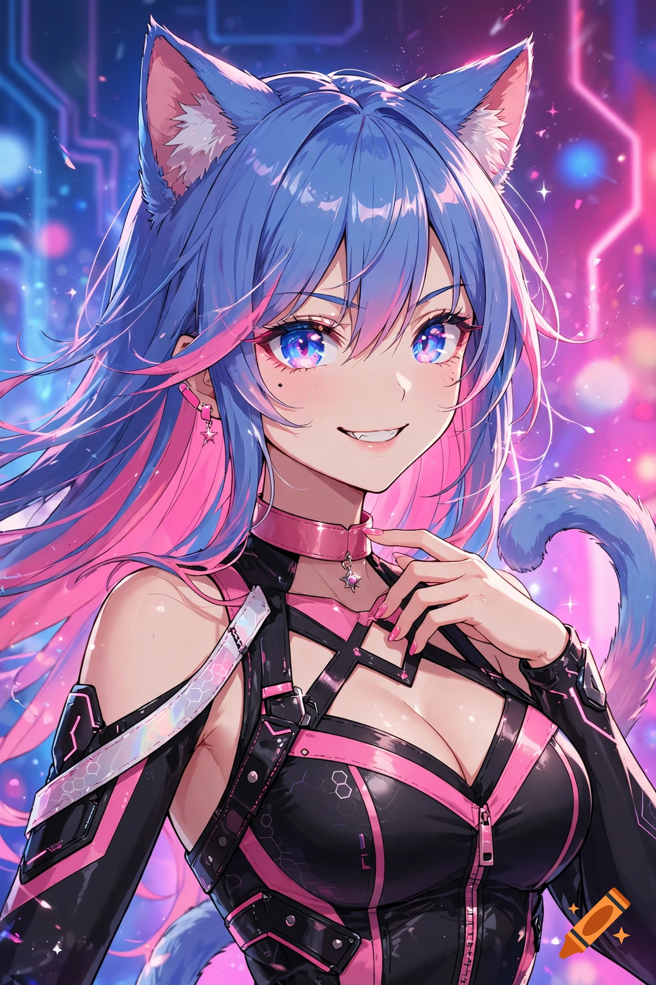 Anime style illustration of a cat girl with blue and pink hair, cat ears, tail, and a black and pink outfit.