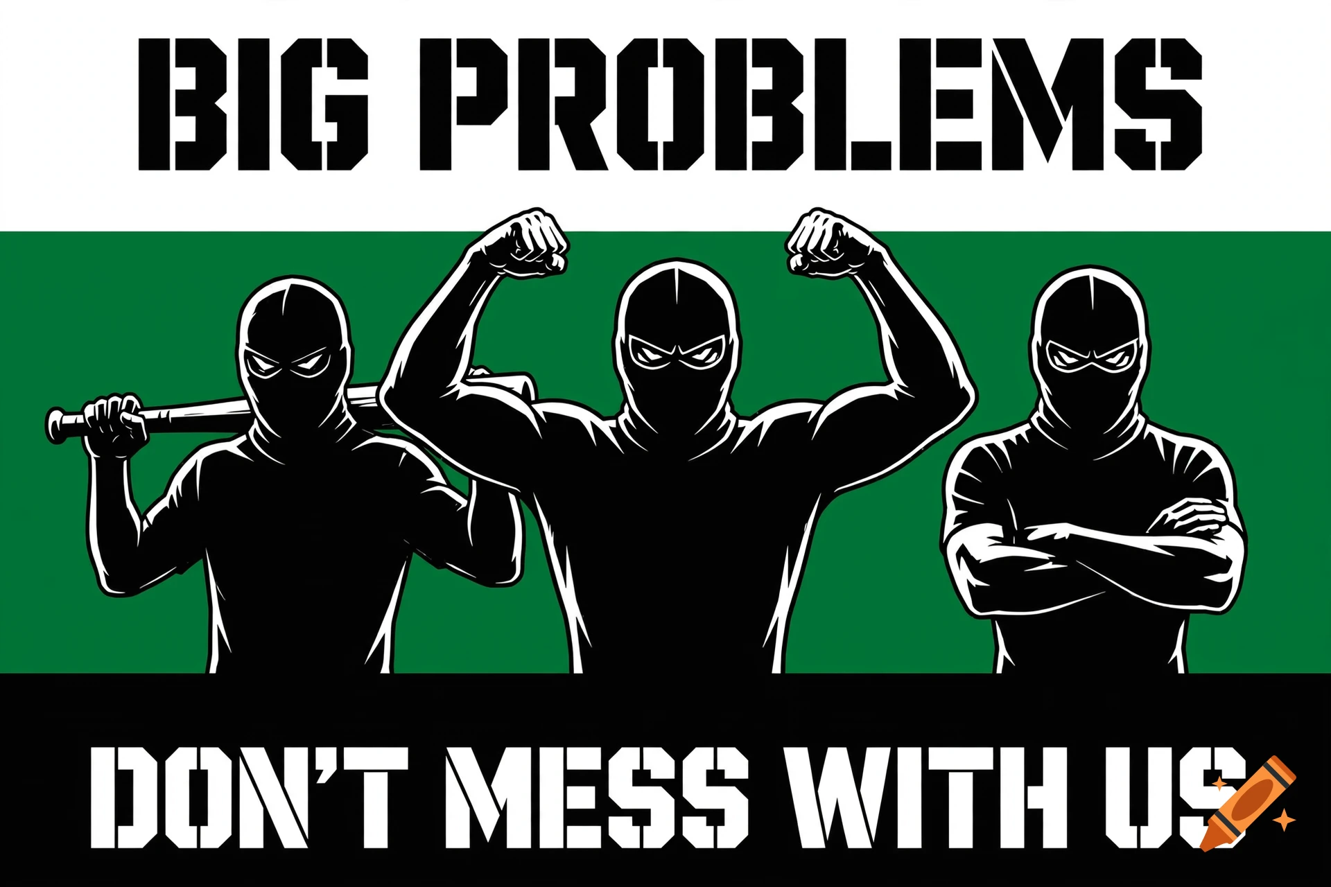 Graphic illustration of three masked figures in black suits against a green background, with bold text reading "BIG PROBLEMS" at the top and "DON'T MESS WITH US" at the bottom.