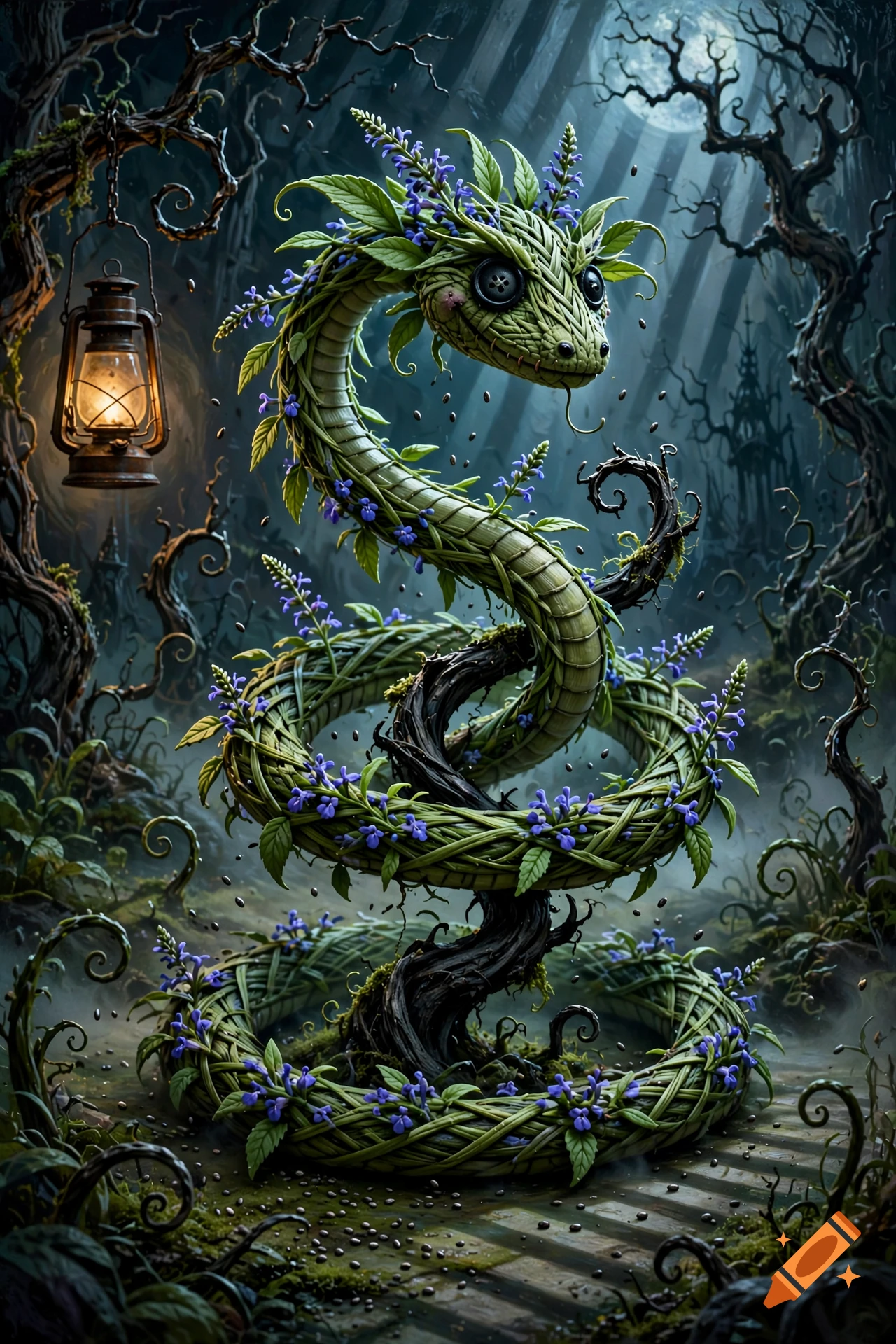 A stylized green snake made of woven leaves and vines, with button eyes and purple flowers, in a dark, spooky forest with a glowing lantern.