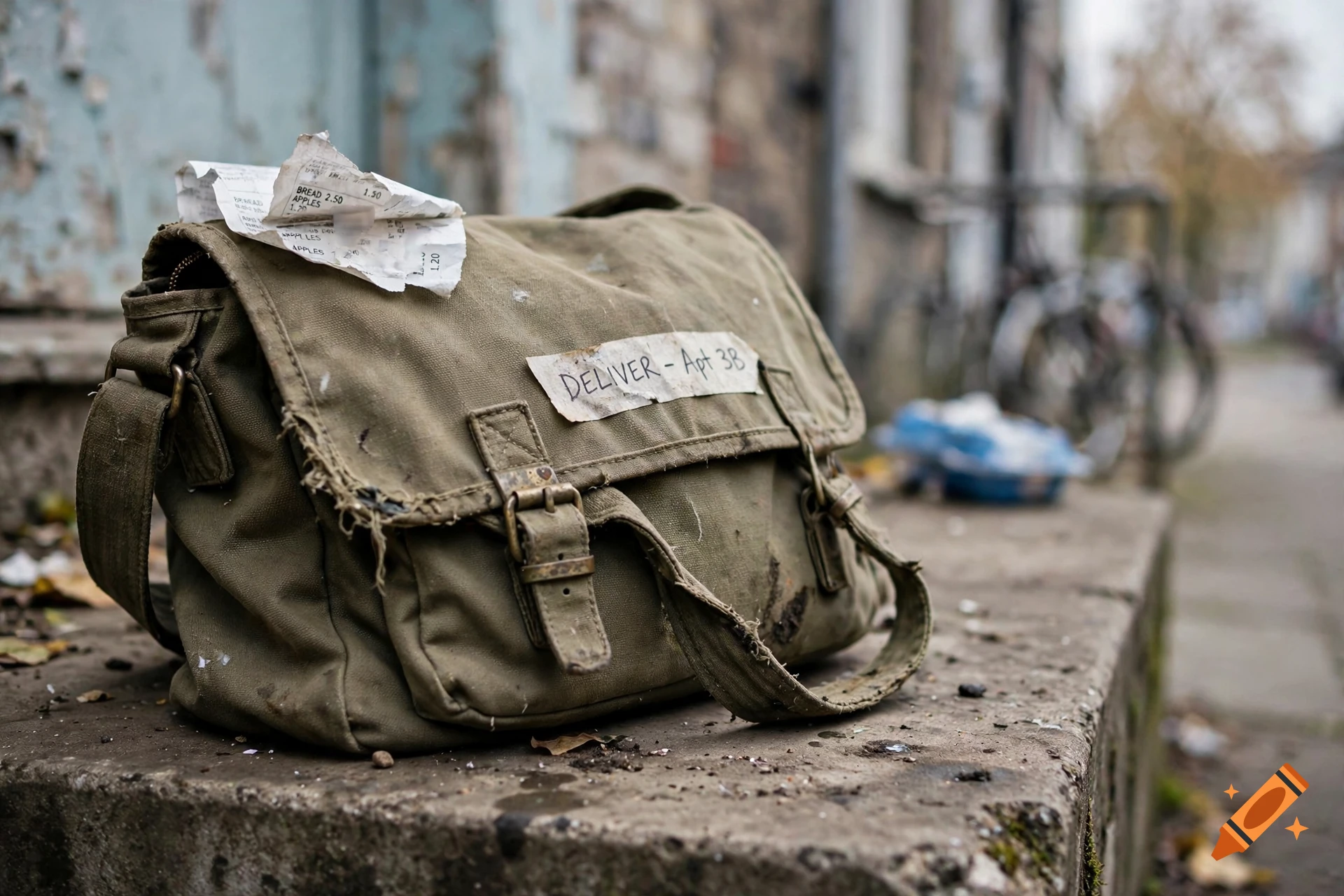 A worn, dirty messenger bag with a delivery tag sits on a concrete ledge in front of an old building.