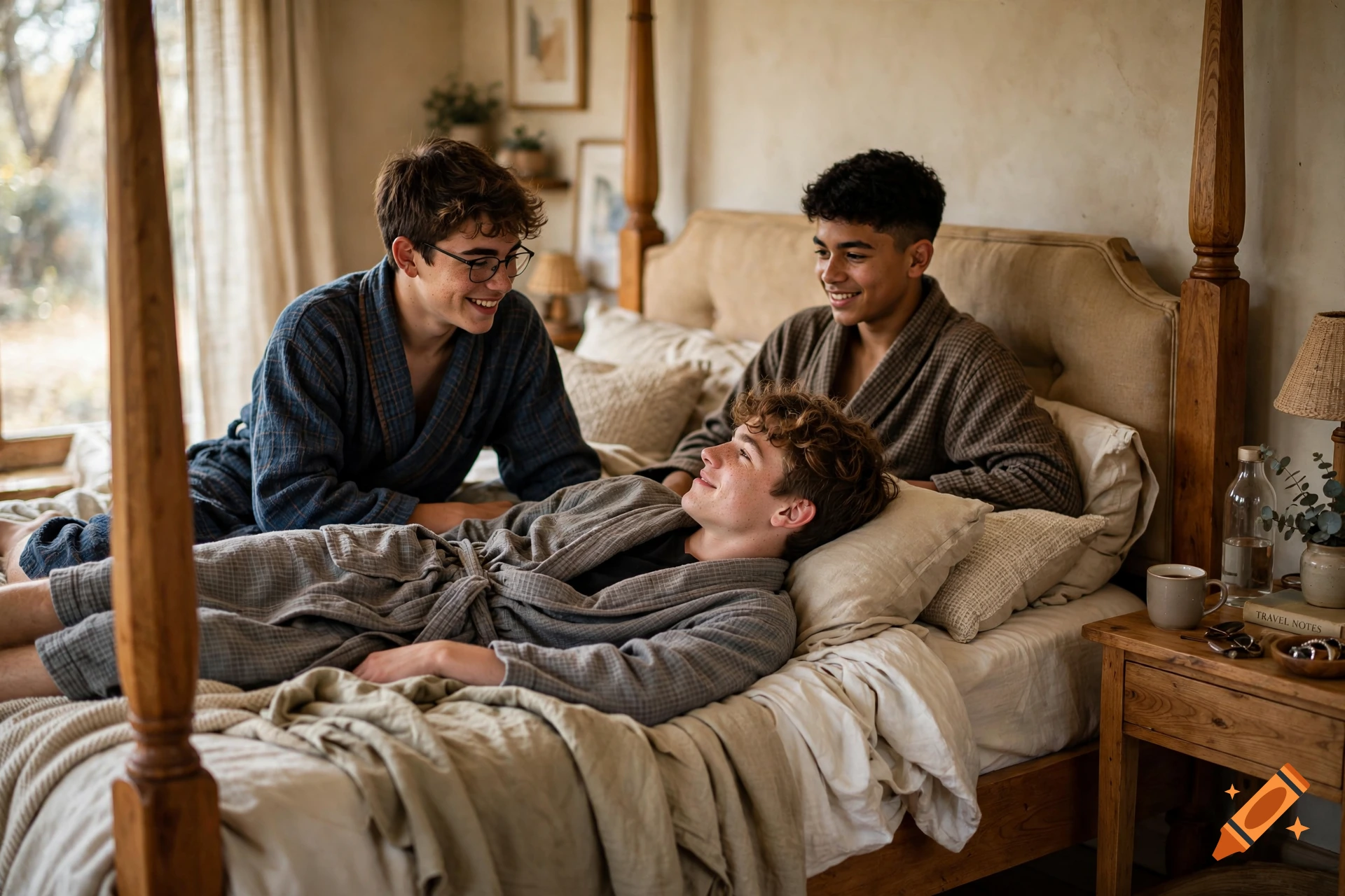 Photorealistic image of three teenage boys in robes hanging out on a wooden canopy bed.