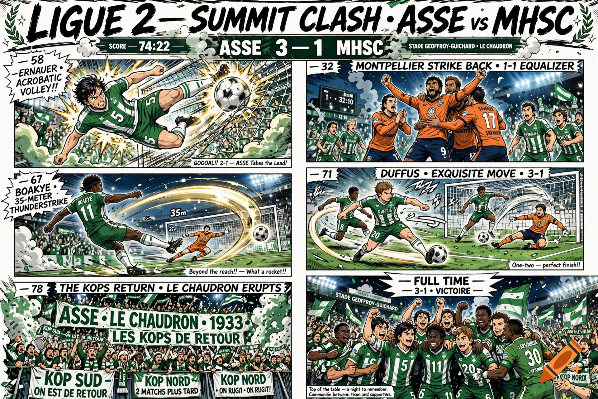 A comic strip style illustration highlighting key moments of a football match between ASSE and MHSC.