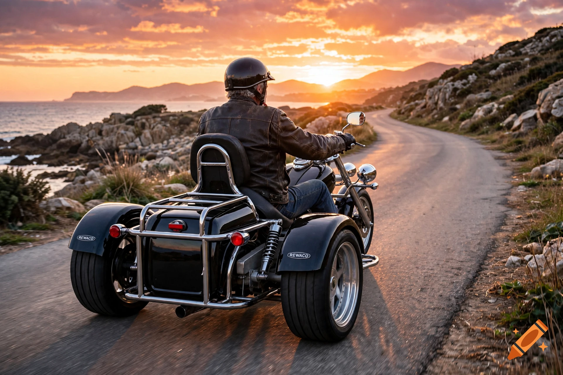 An older man riding a black rewaco trike along a coastal road during a vibrant sunset, photorealistic.