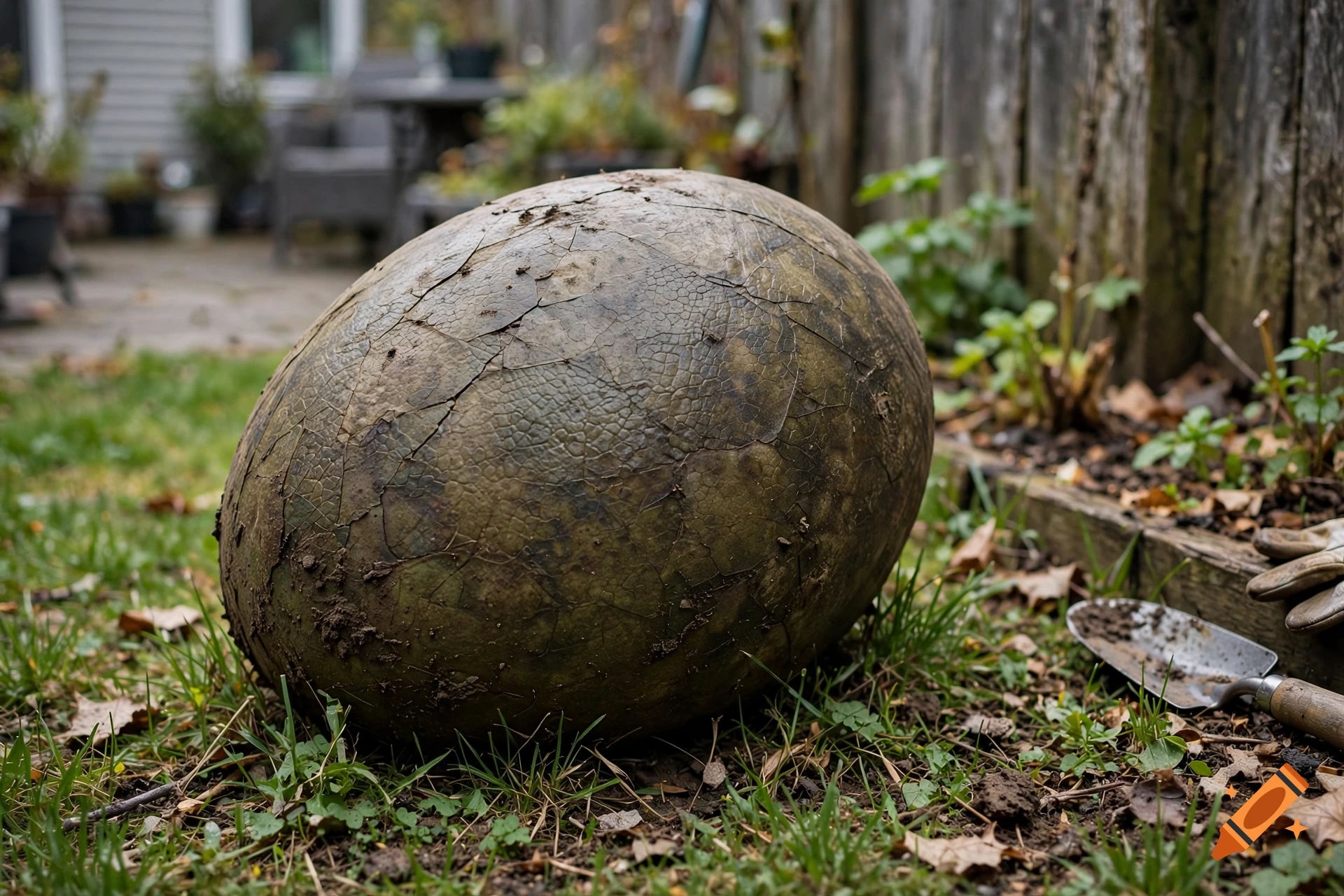 Photorealistic cracked and textured dragon egg resting on grass in a backyard next to a garden trowel and work gloves.