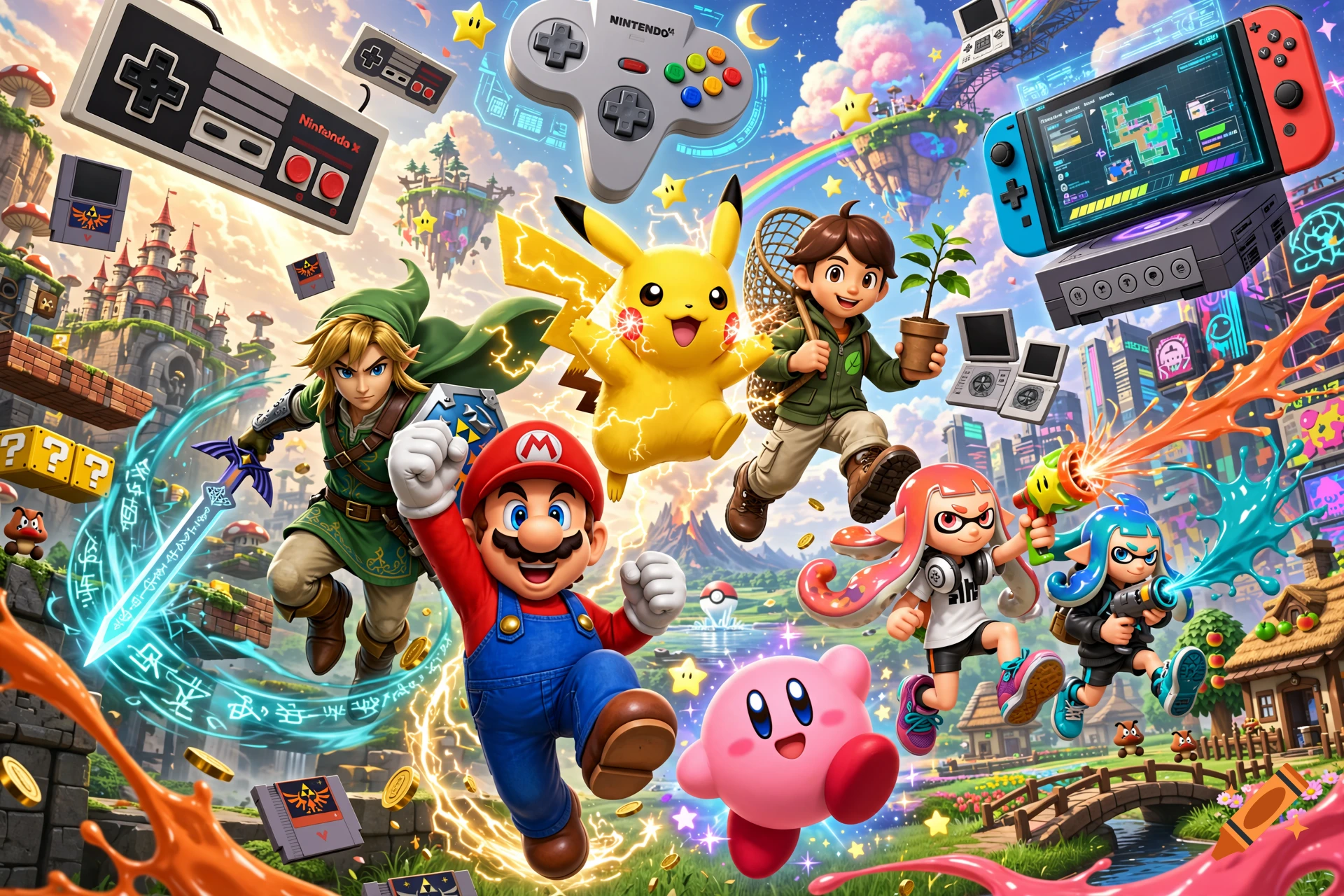 An illustration featuring popular video game characters like Mario, Link, Pikachu, Kirby, and various Nintendo consoles floating in a vibrant fantasy world.