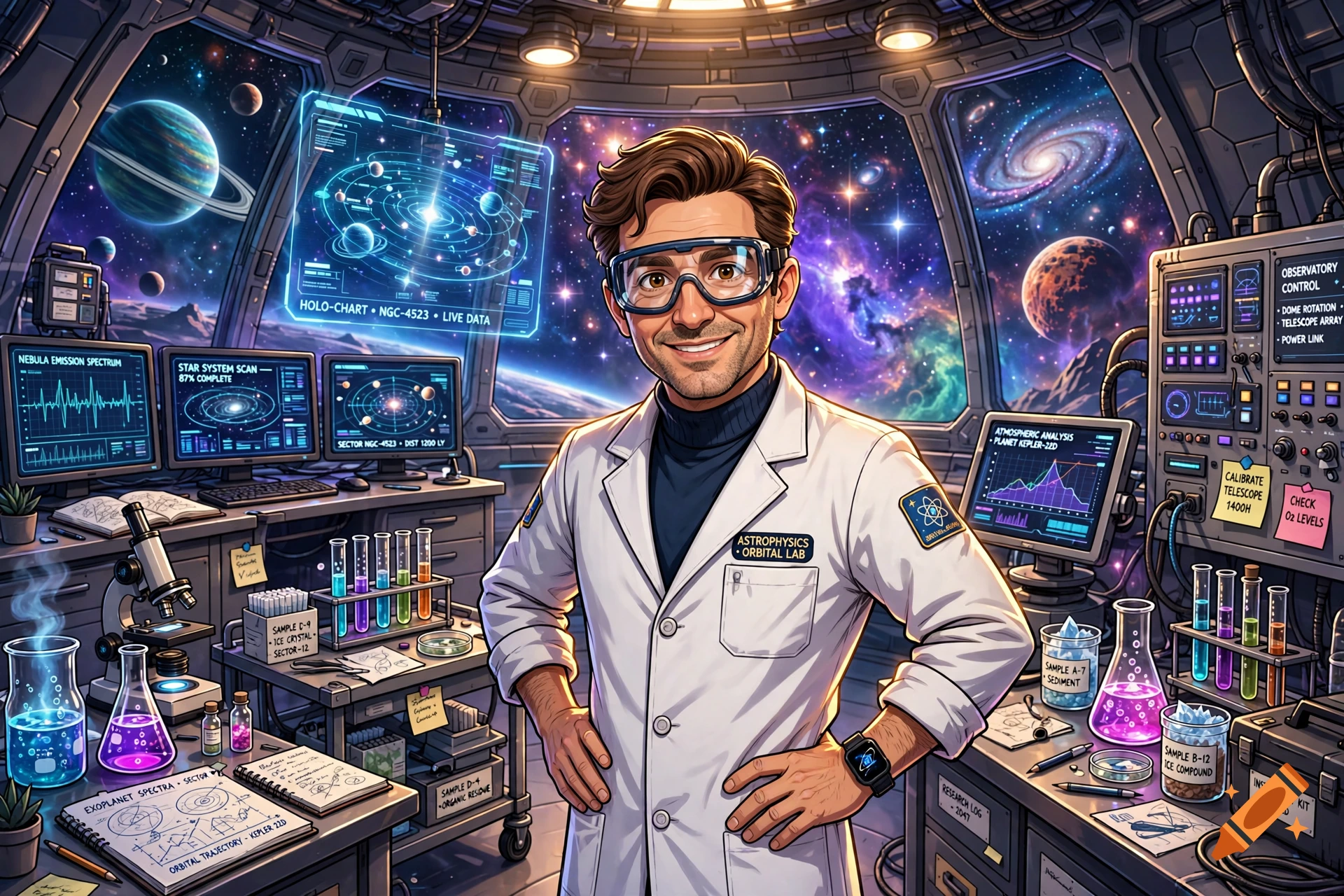Cartoon illustration of a smiling male scientist in a white lab coat inside a high-tech space observatory room.