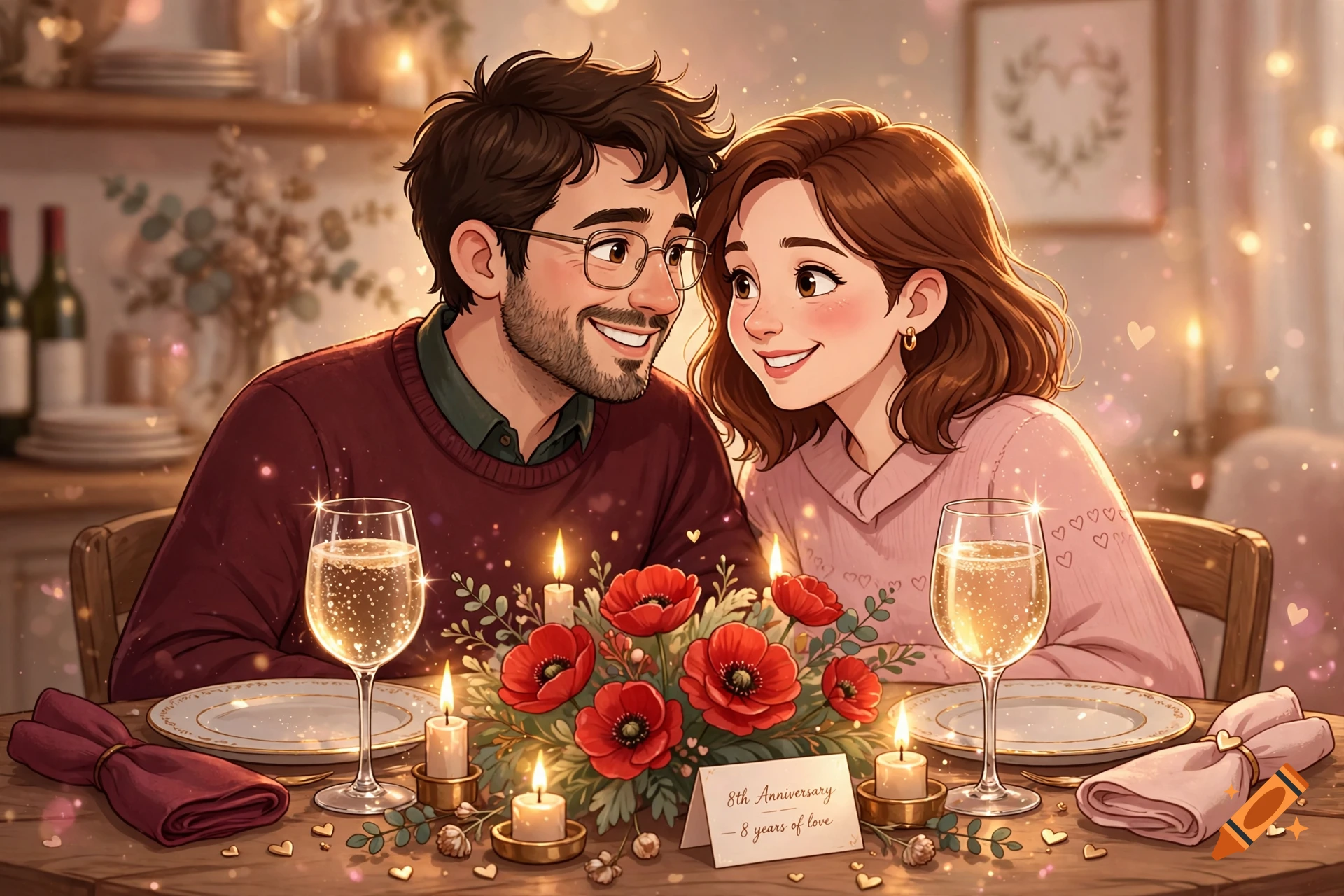 Cartoon illustration of a couple celebrating their anniversary with candlelight, wine, and flowers.