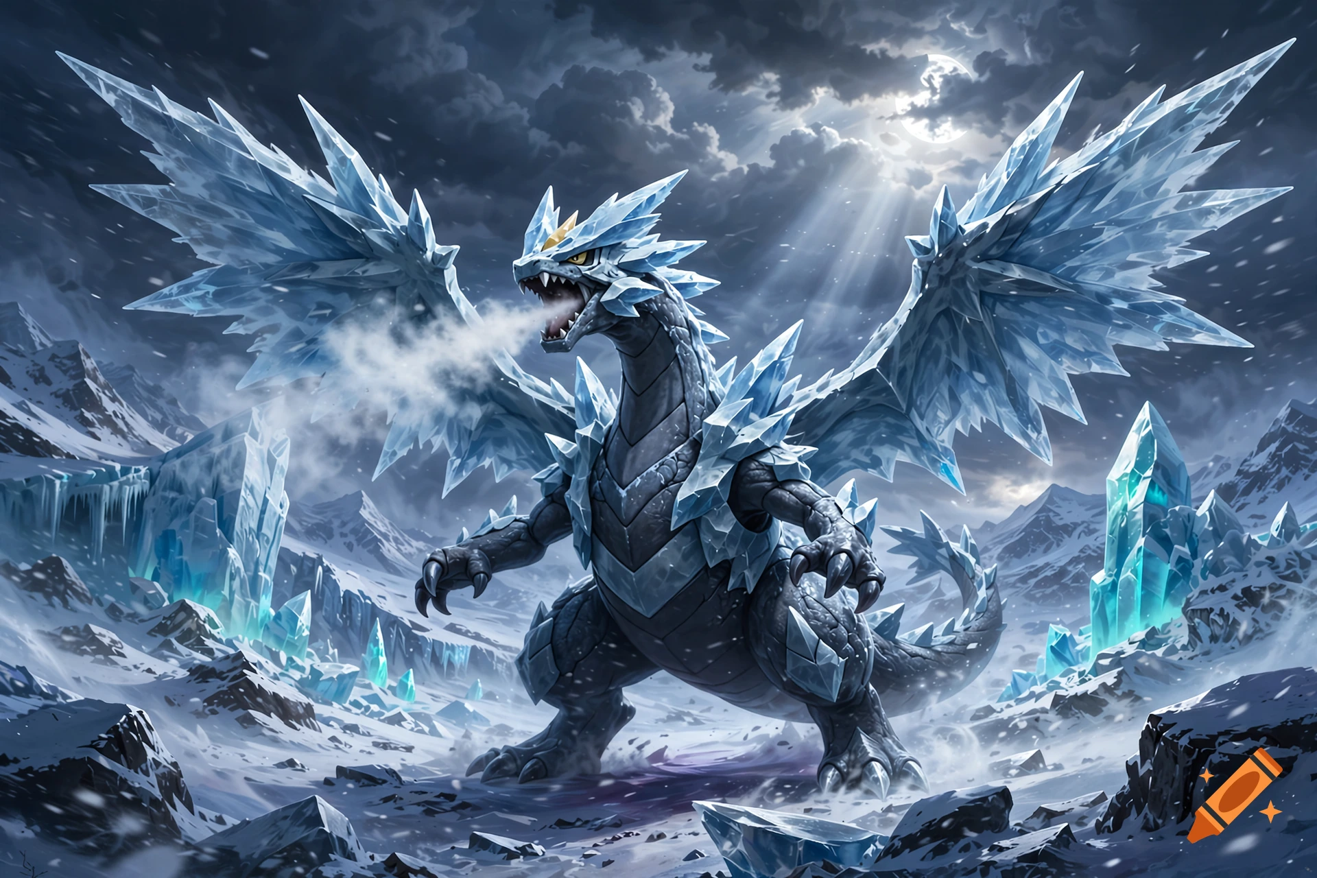 Digital illustration of the ice dragon Pokemon Kyurem roaring in a snowy mountain landscape under a starry night sky.