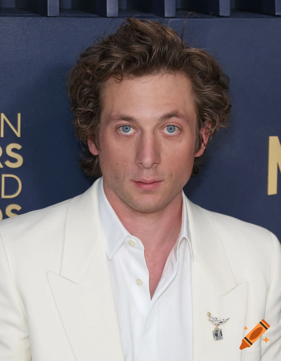 Photorealistic portrait of actor Jeremy Allen White in a white suit jacket against a dark blue backdrop.