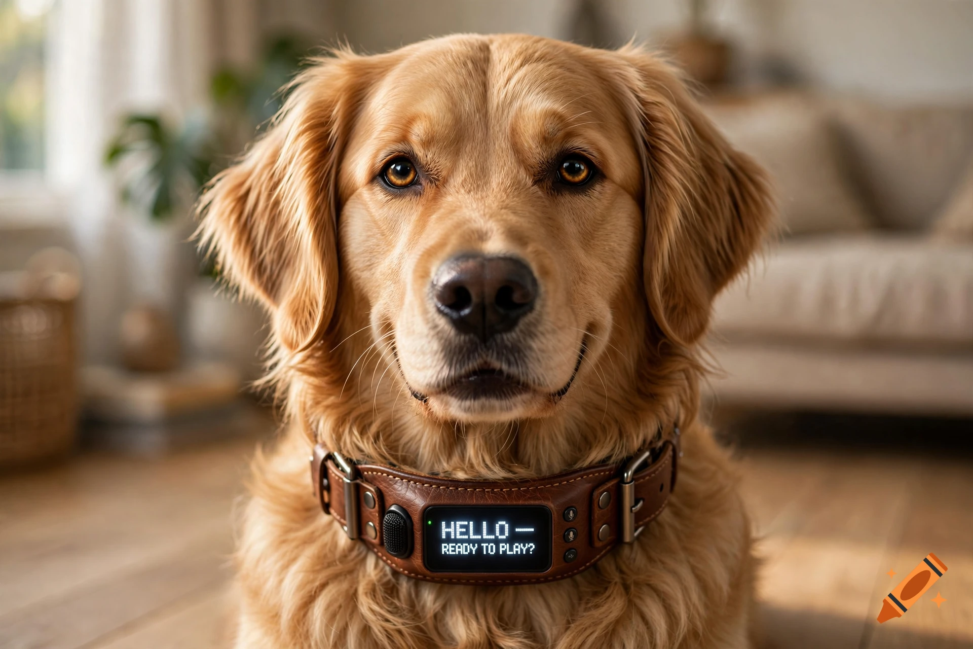 Photorealistic close-up of a golden retriever wearing a leather collar with a digital screen displaying text.