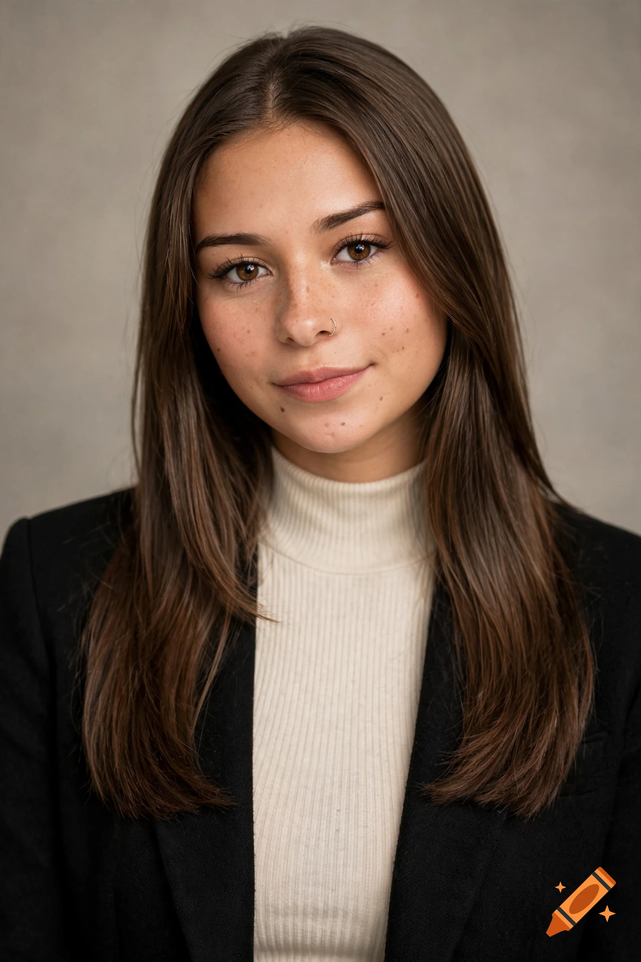 Photorealistic close-up portrait of a young woman with brown hair, freckles, and a nose ring wearing a black blazer over a cream turtleneck.