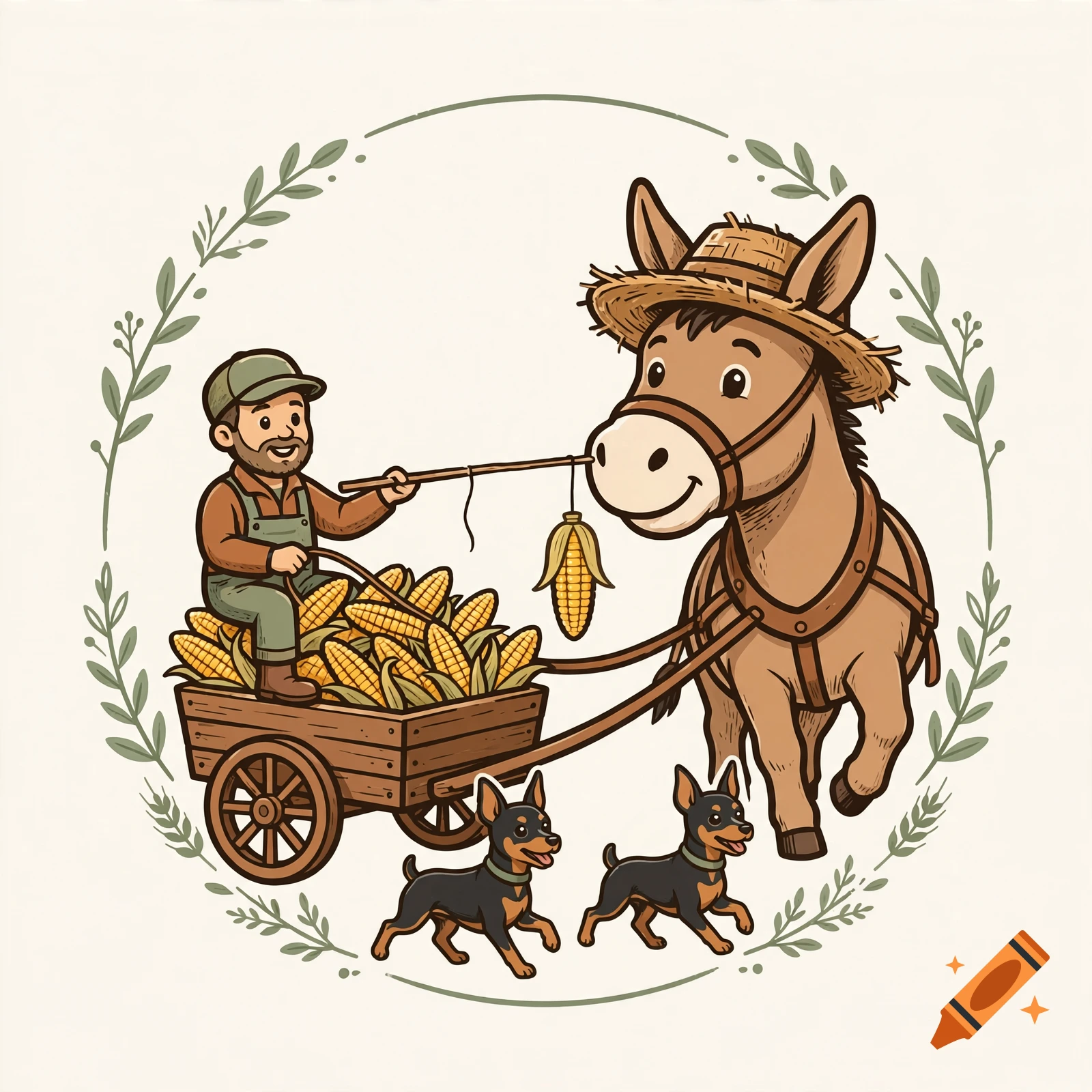 Logo illustration of a donkey wearing a straw hat pulling a wooden cart full of corn, driven by a smiling man, accompanied by two small dogs, framed by leaves.
