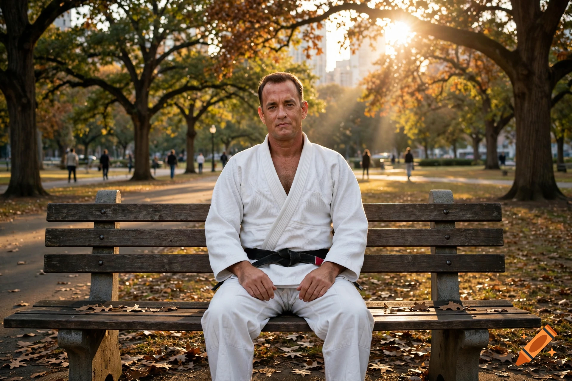 Photorealistic cinematic photo of a man resembling Forrest Gump wearing a white jiu-jitsu gi and black belt, sitting on a park bench during autumn.