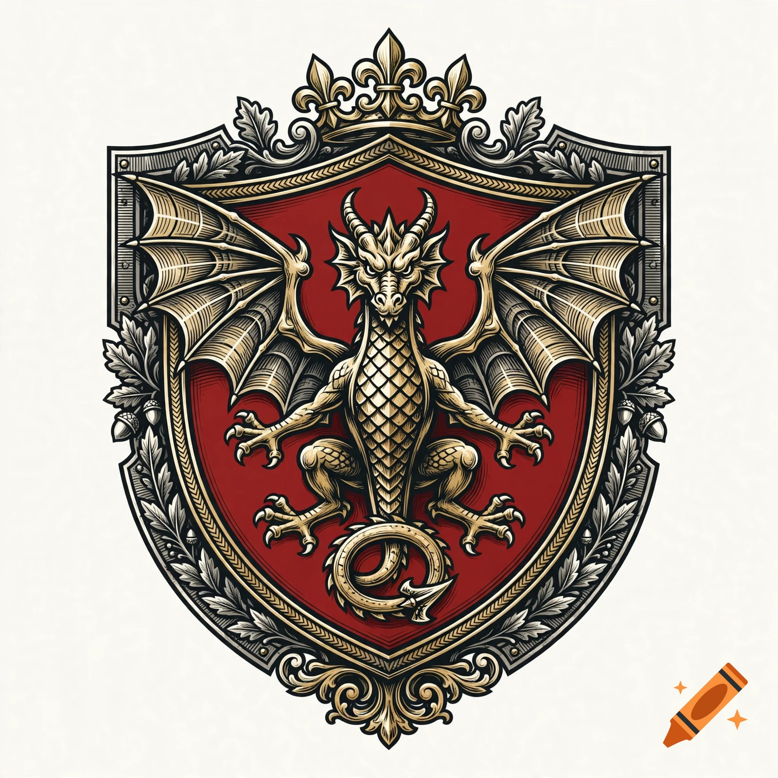 Detailed heraldic shield featuring a gold winged dragon on a red background, topped with a crown, vector illustration style.