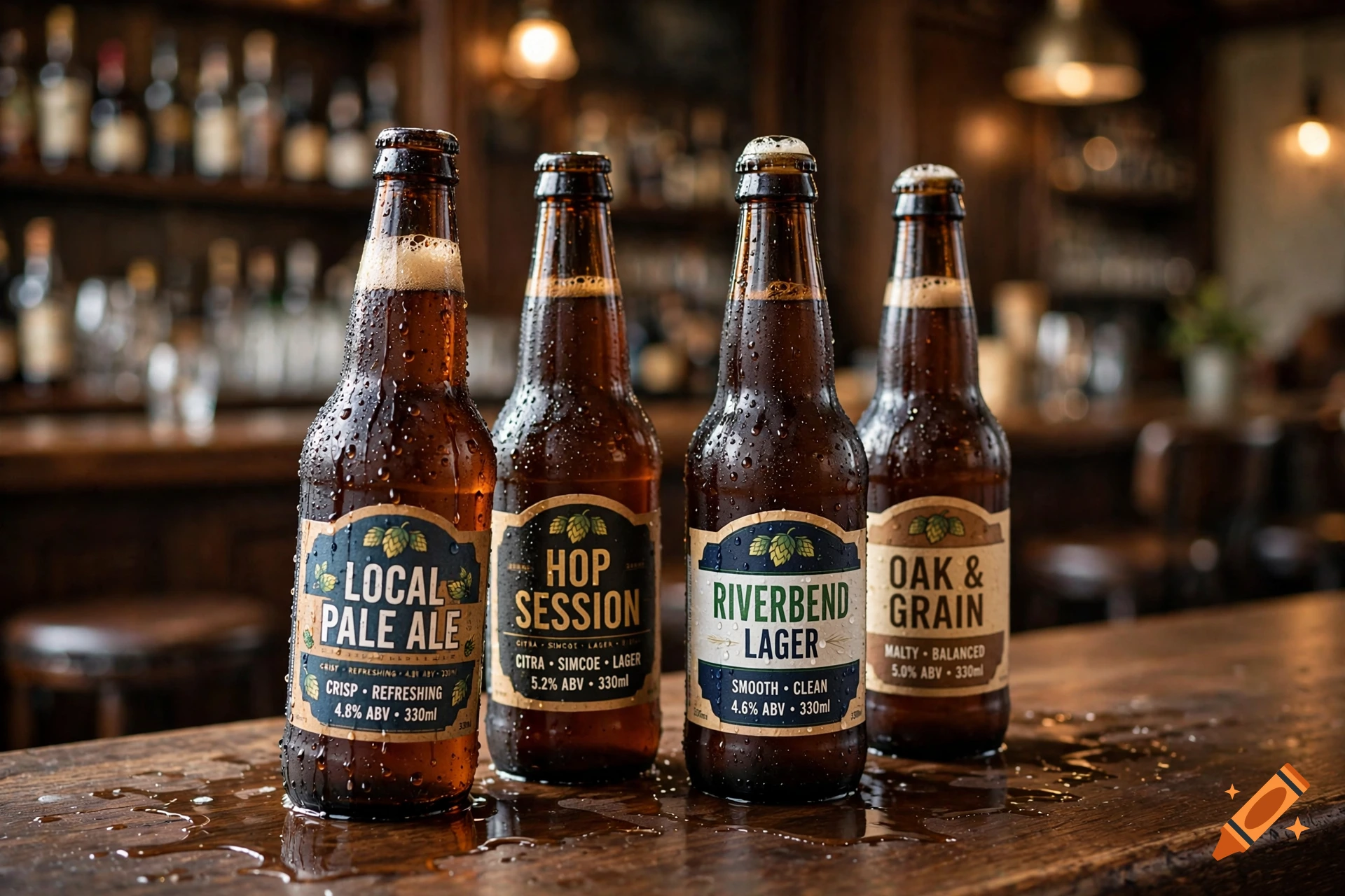 Photorealistic image of four condensation-covered beer bottles on a wooden bar in a dimly lit pub.