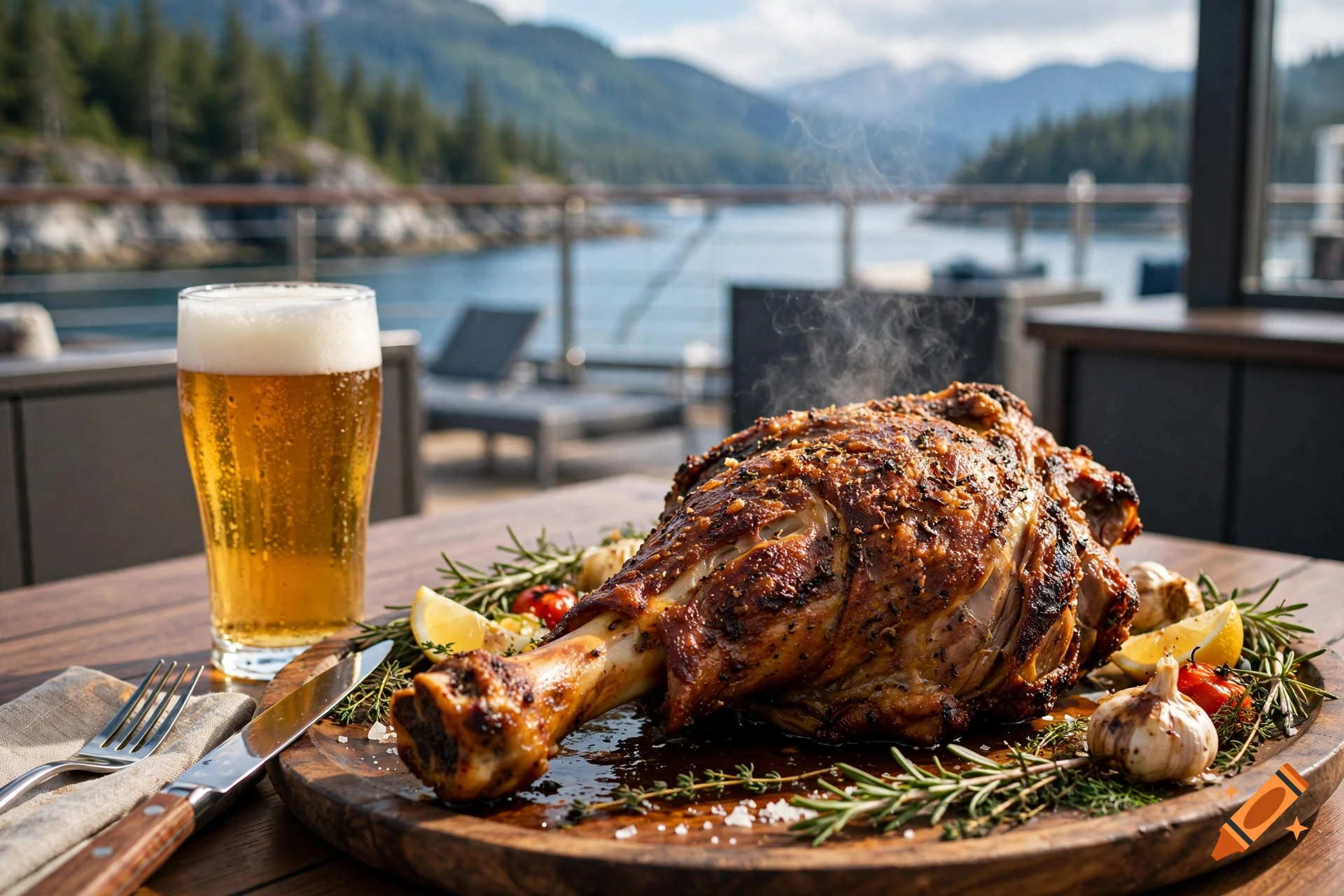 Photorealistic image of a roasted meat joint and a glass of beer on a wooden board on a cruise ship deck with mountains in the background.