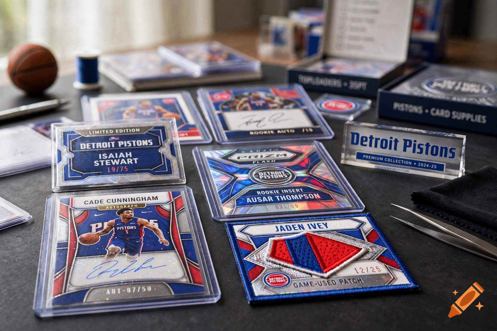 Close-up photorealistic shot of Detroit Pistons trading cards on a dark surface, featuring autographs, patches, and player inserts.