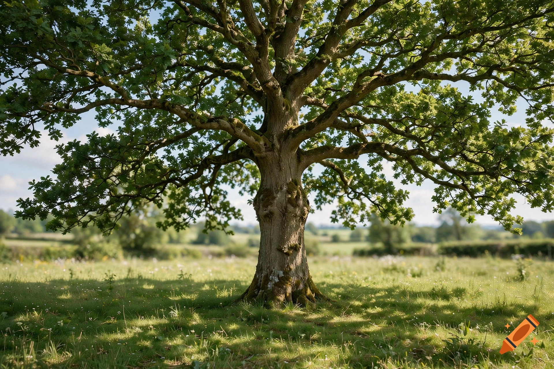 Photorealistic image of a large, leafy green oak tree centered in a sunny meadow with lush grass and dappled sunlight.