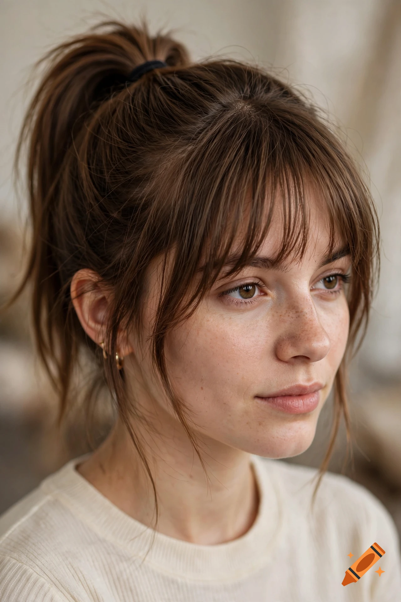 Close-up photorealistic portrait of a young woman with brown hair in a high ponytail and framing bangs.