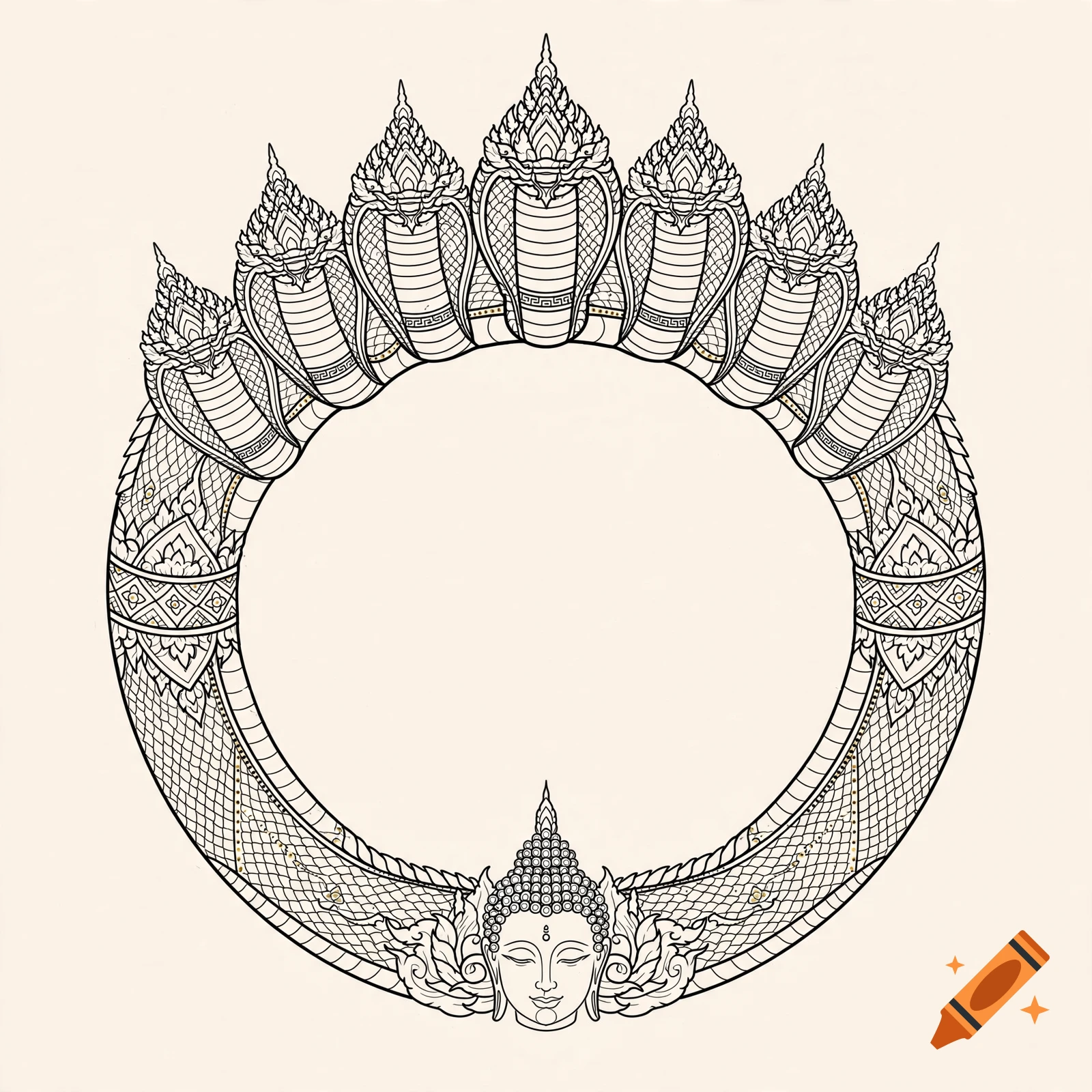 Black and white line art tattoo design featuring the multi-headed serpent Mucalinda surrounding a Buddha head.