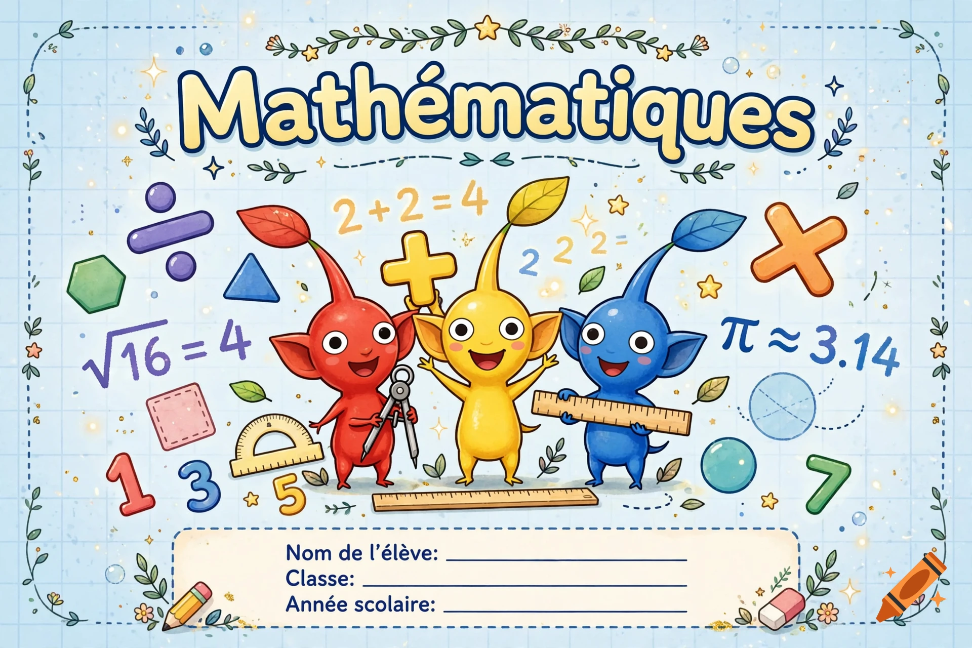 Colorful illustration of three Pikmin characters surrounded by math symbols, rulers, and a French school notebook cover header.