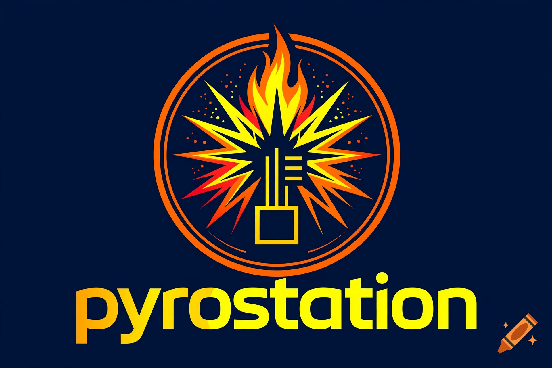 Logo design for pyrostation featuring a stylized explosion, flame, and key icon on a dark blue background with yellow text.