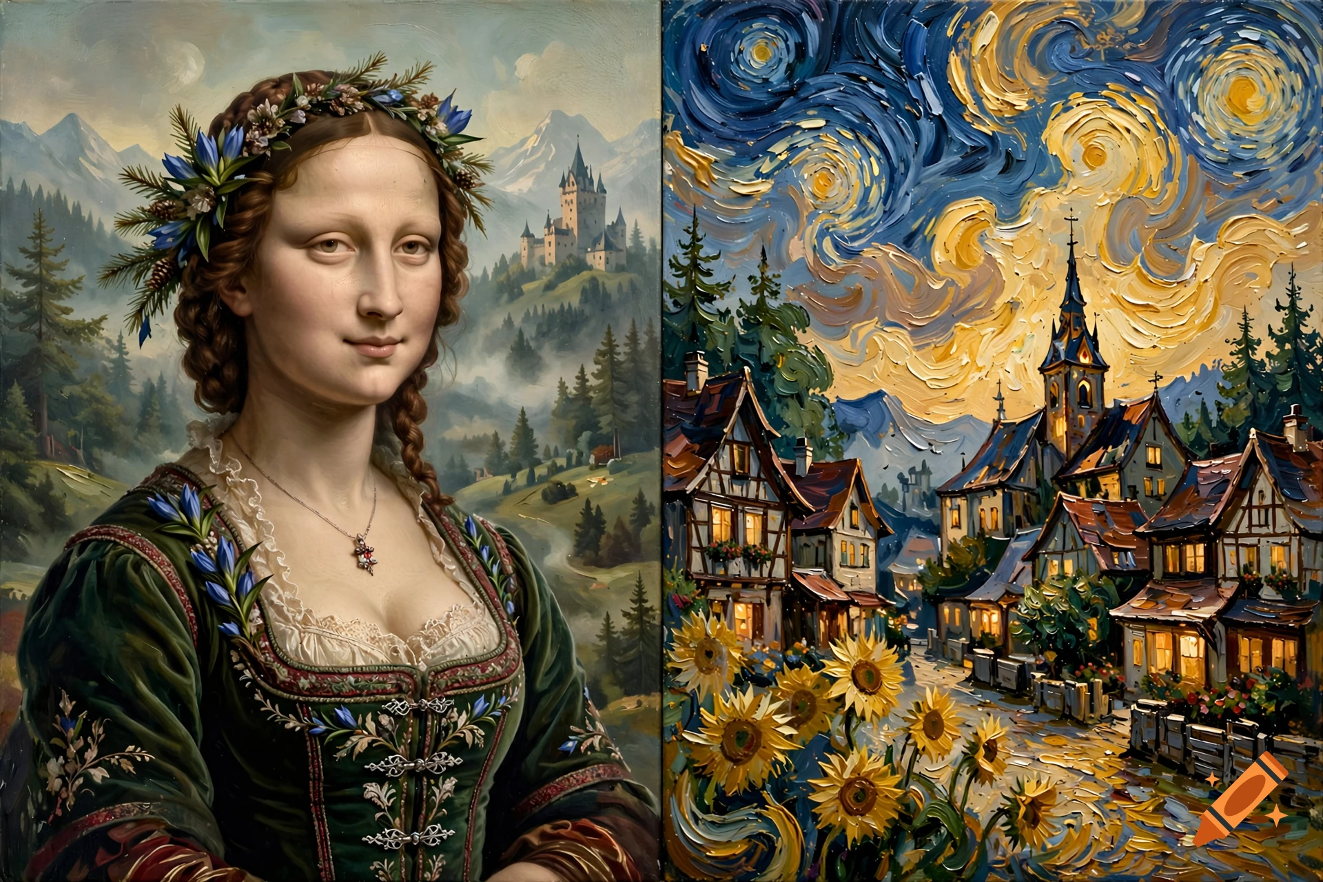 Split-screen painting featuring a German-themed Mona Lisa on the left and a Van Gogh-style townscape on the right.