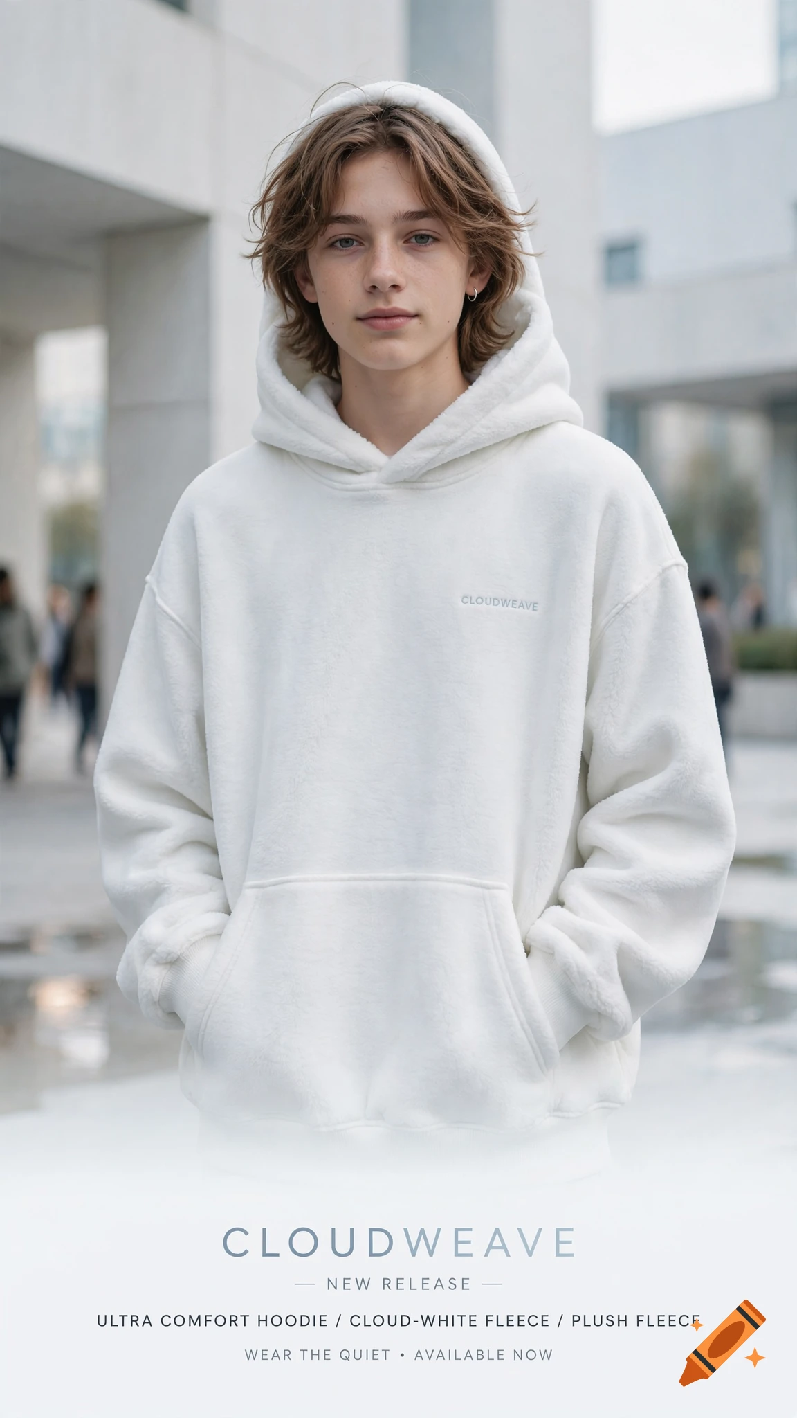Photorealistic fashion advertisement showing a teenager wearing an oversized white fleece hoodie in an outdoor urban setting.