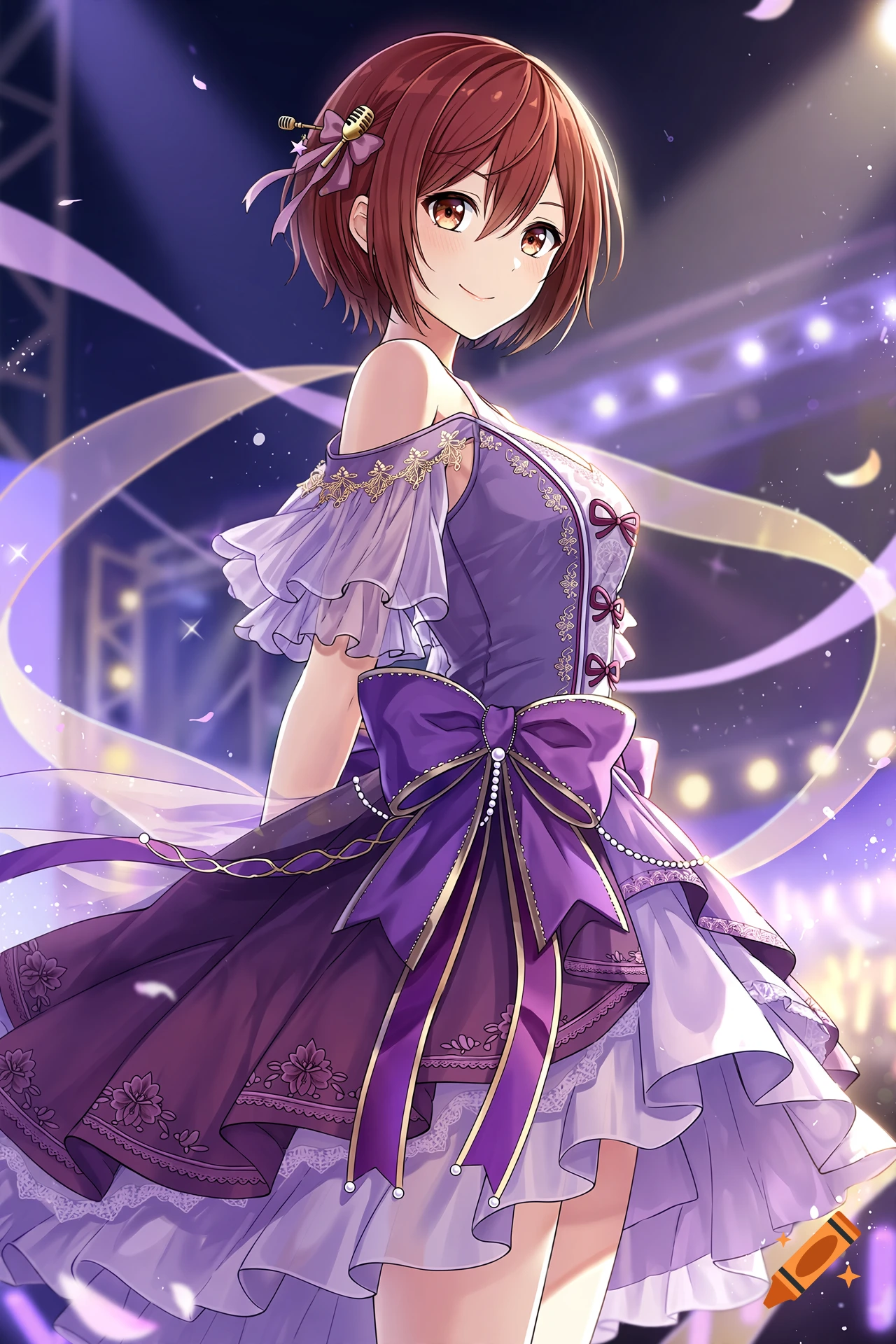Anime style illustration of a young woman with short red hair wearing a purple dress with a large bow, standing on a stage with lights.
