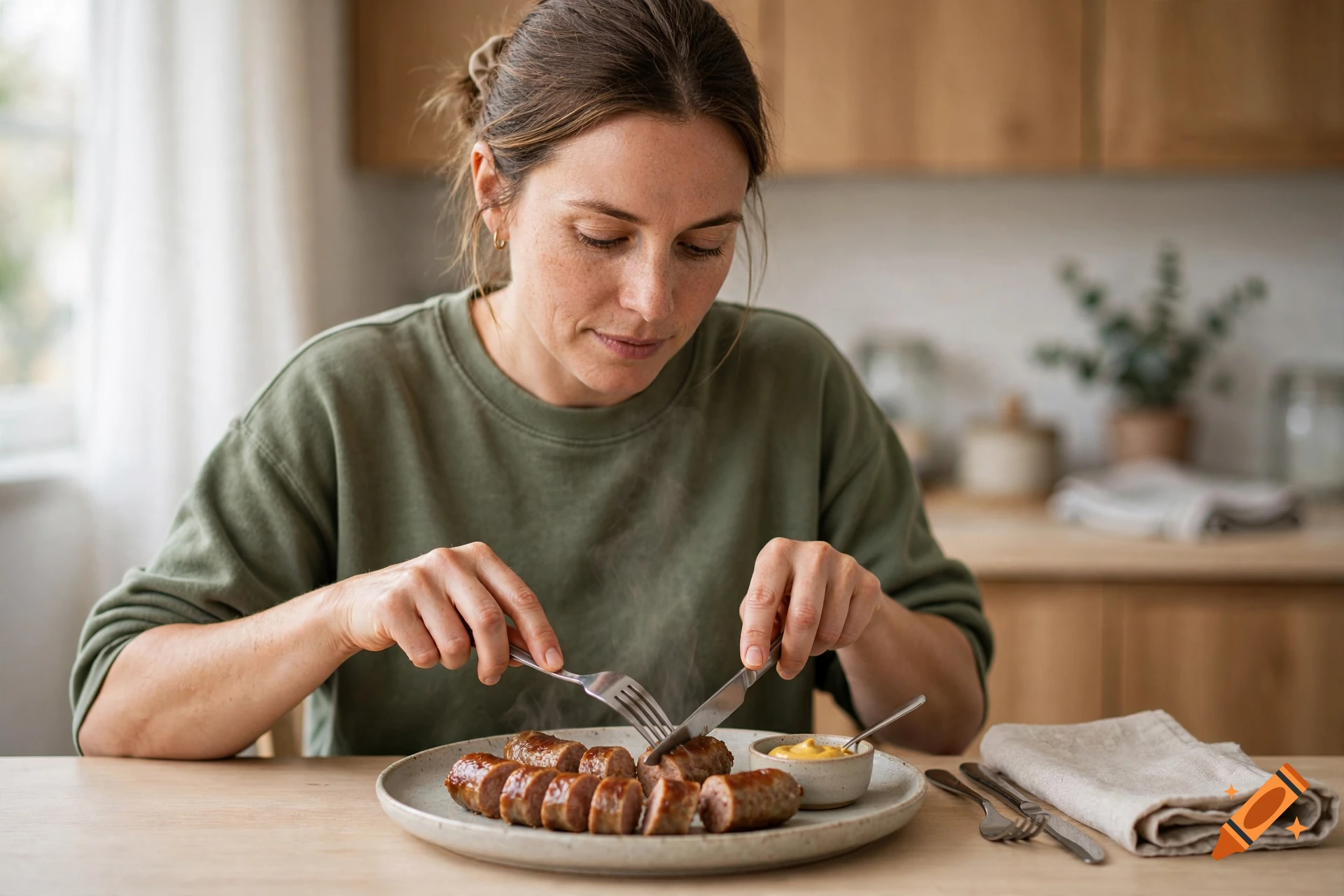 A woman in a green sweater cutting sliced sausage with a fork and knife at a wooden table in a kitchen, photorealistic.