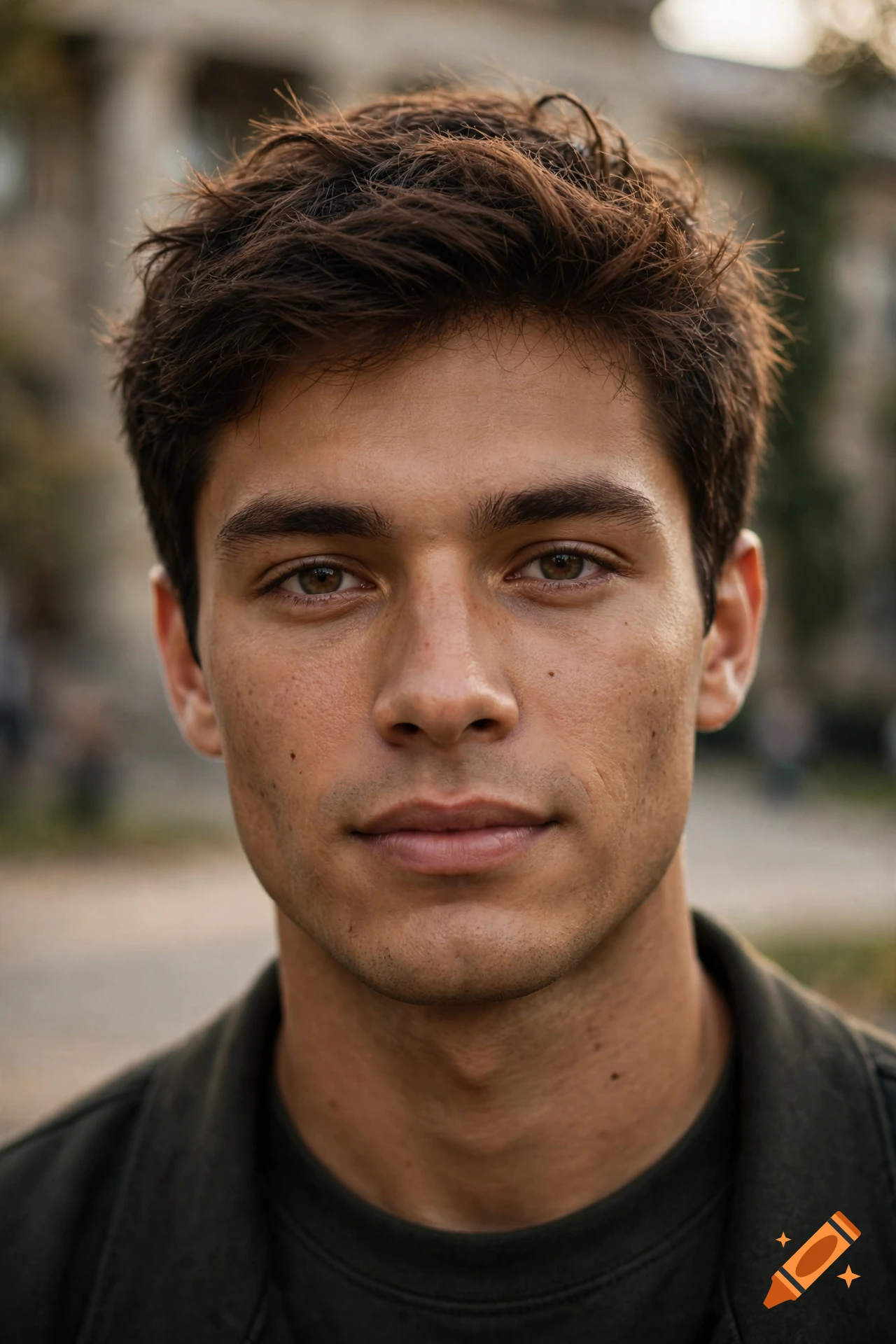 Close-up photorealistic portrait of a young man with dark tousled hair, hazel eyes, and a neutral expression outdoors.
