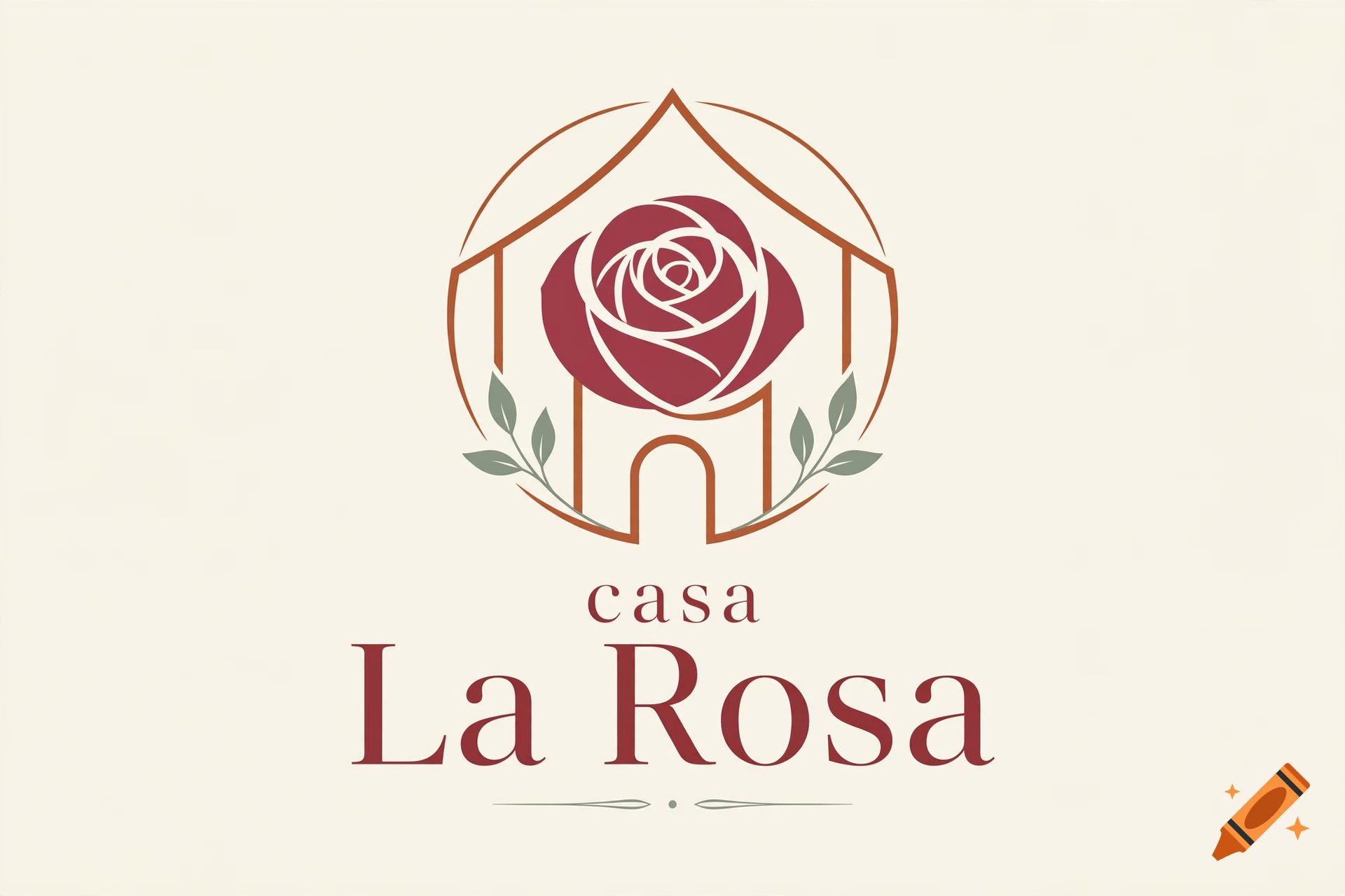 Logo design featuring a red rose inside a house outline, with leaves and the text 'casa La Rosa' below.