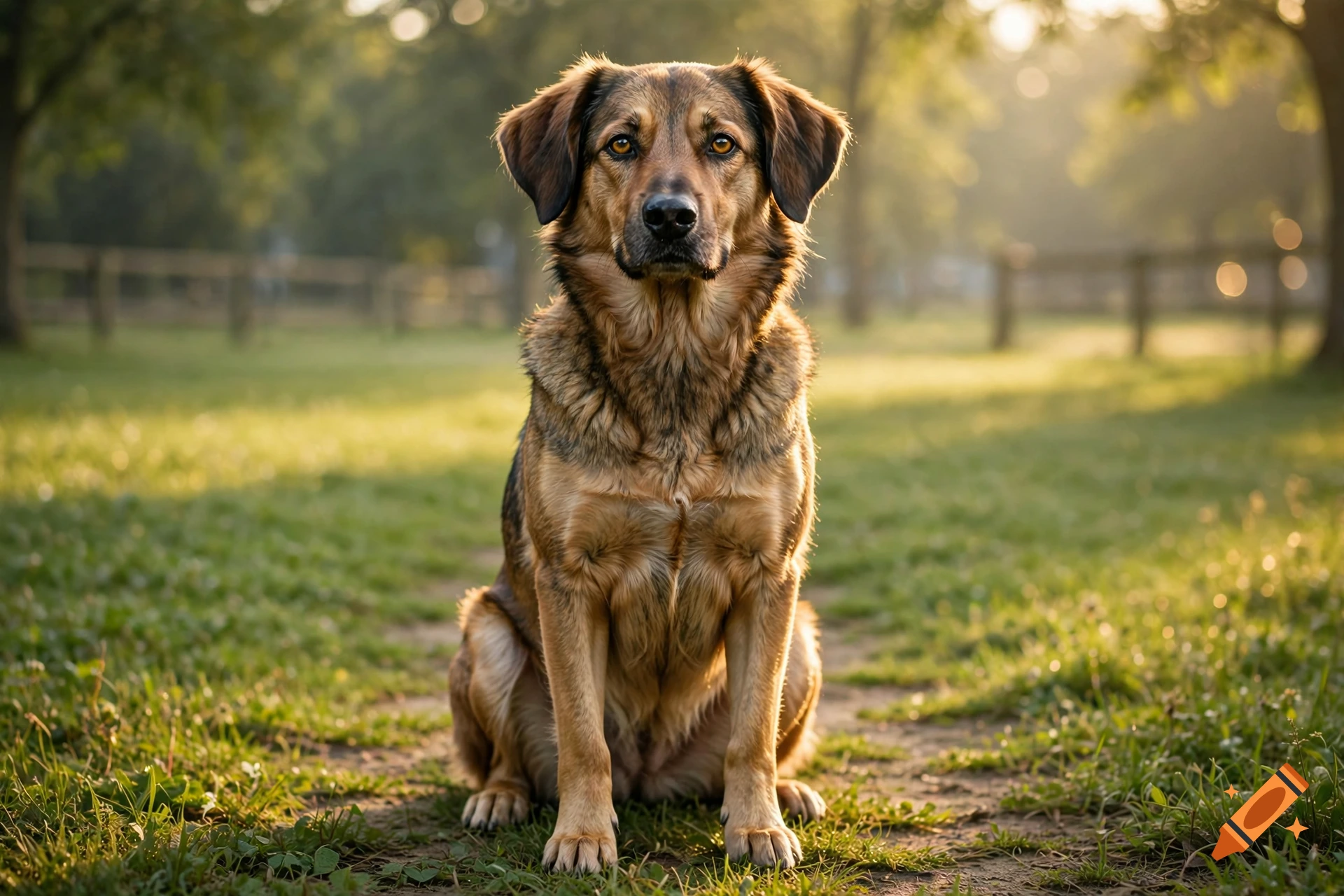 Photorealistic medium shot of a brown dog sitting on grass in a park during sunset.