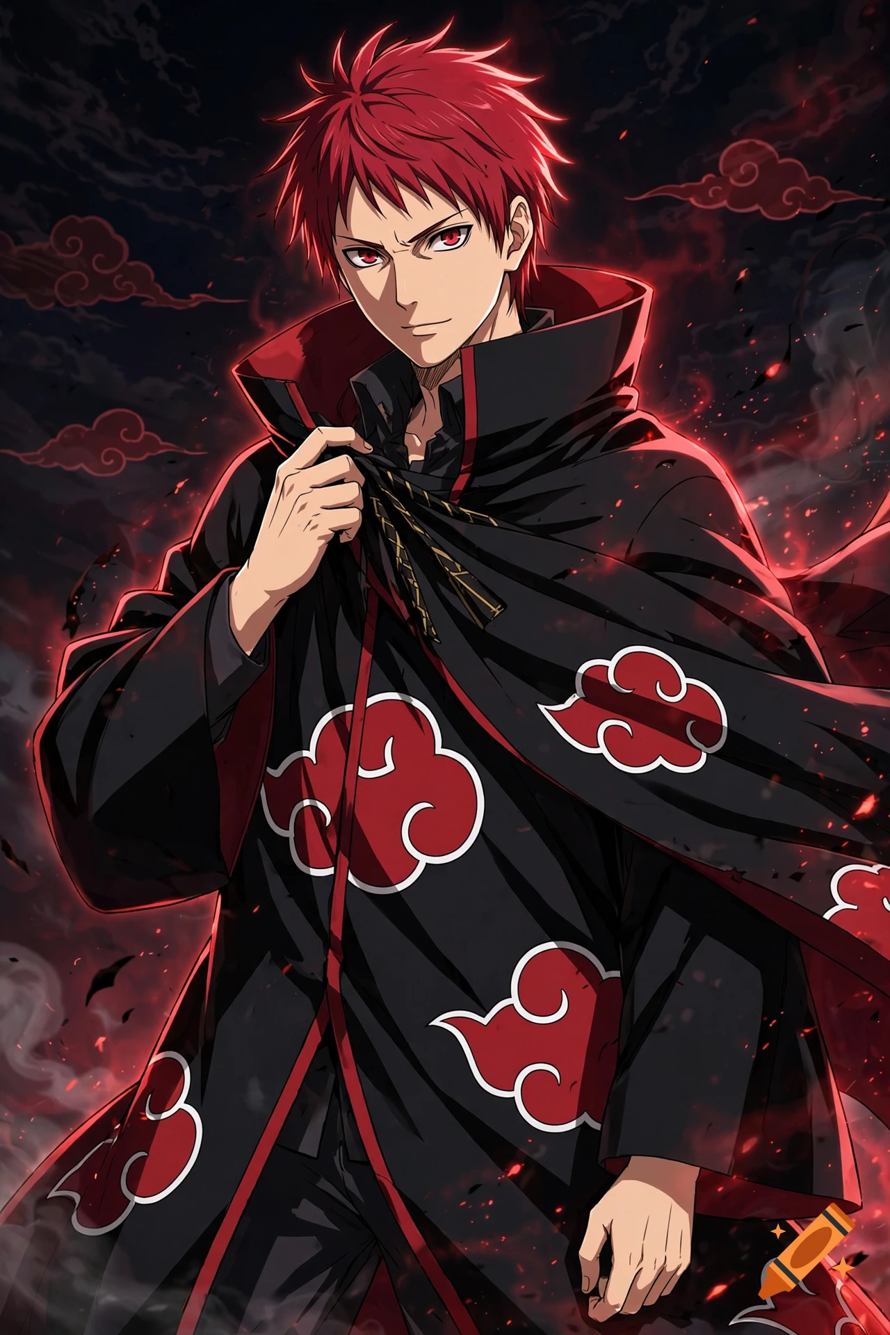 An anime-style male character with short red hair and red eyes, wearing a black cloak patterned with red clouds.