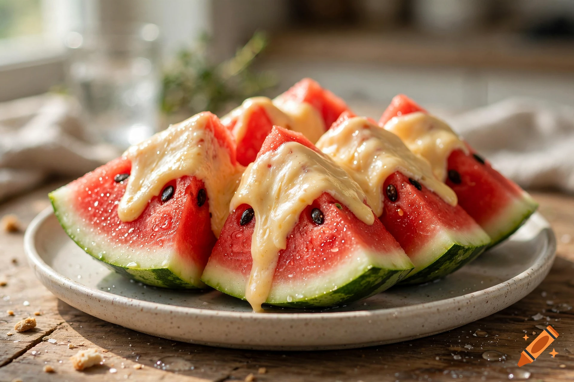 Close-up of watermelon wedges topped with melted queso cheese on a white plate on a wooden table.
