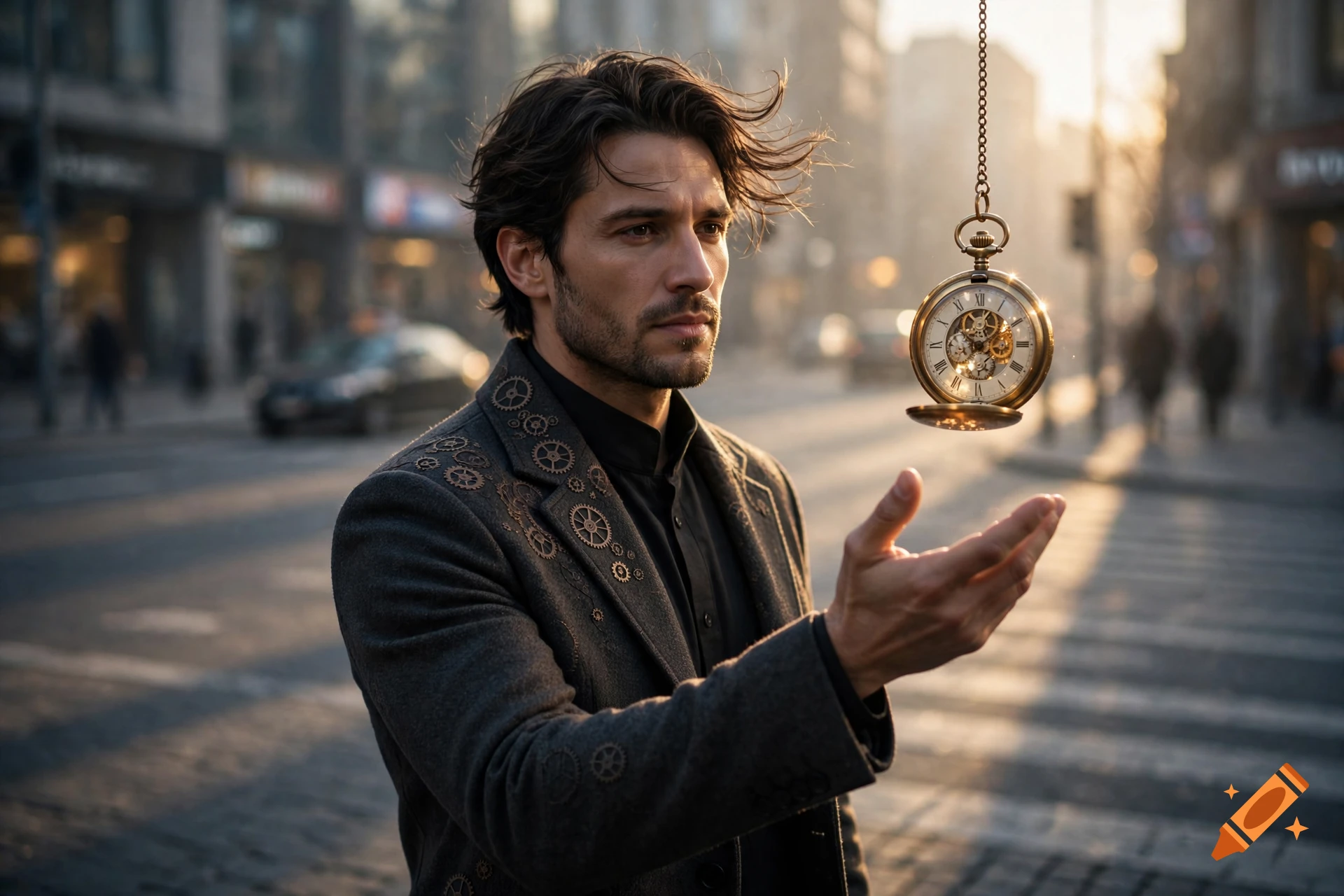 Photorealistic medium shot of a stylish man with dark hair holding a glowing pocket watch on a city street at sunset.