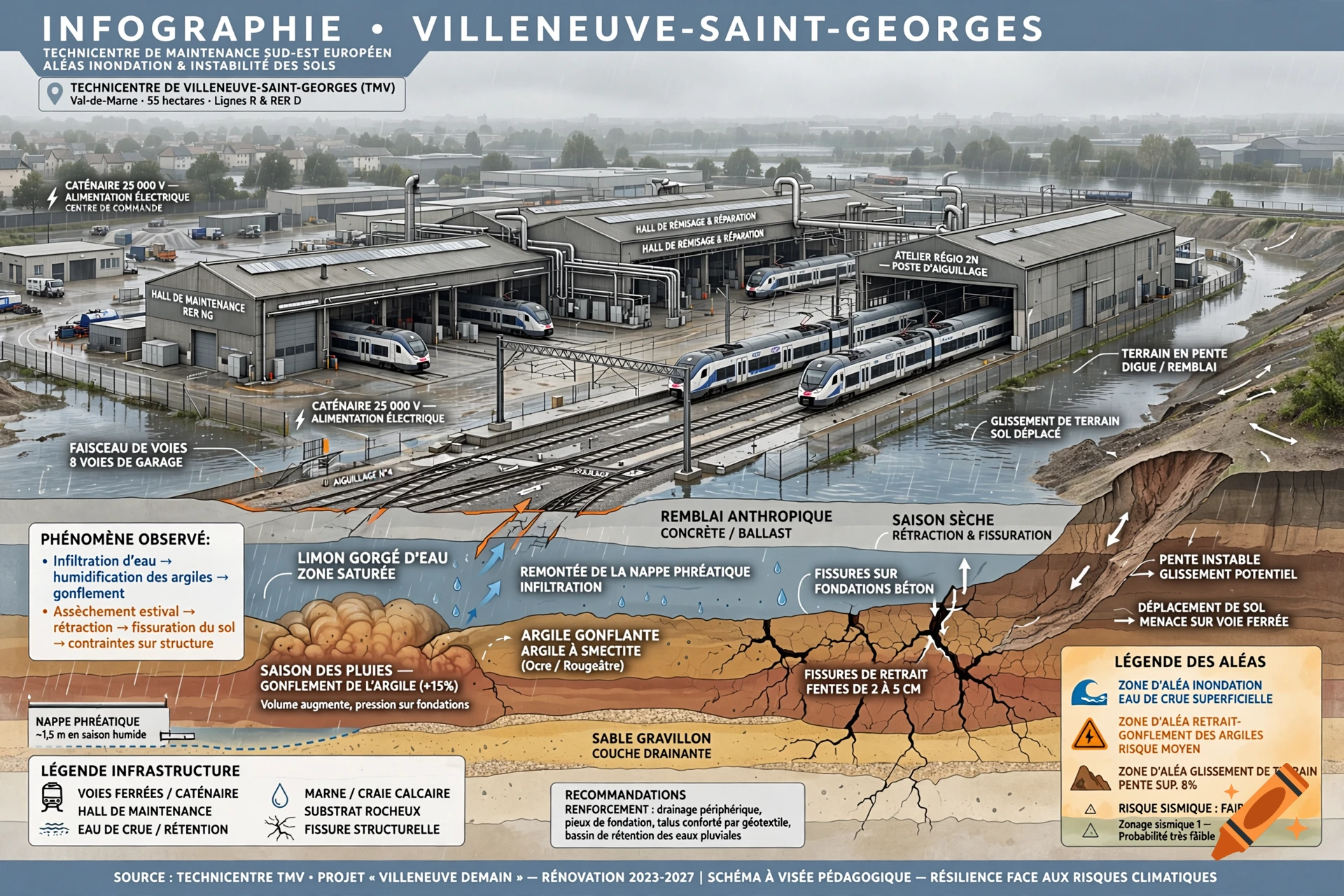 Detailed infographic diagram showing a railway maintenance center with geological cross-section and flood risks.