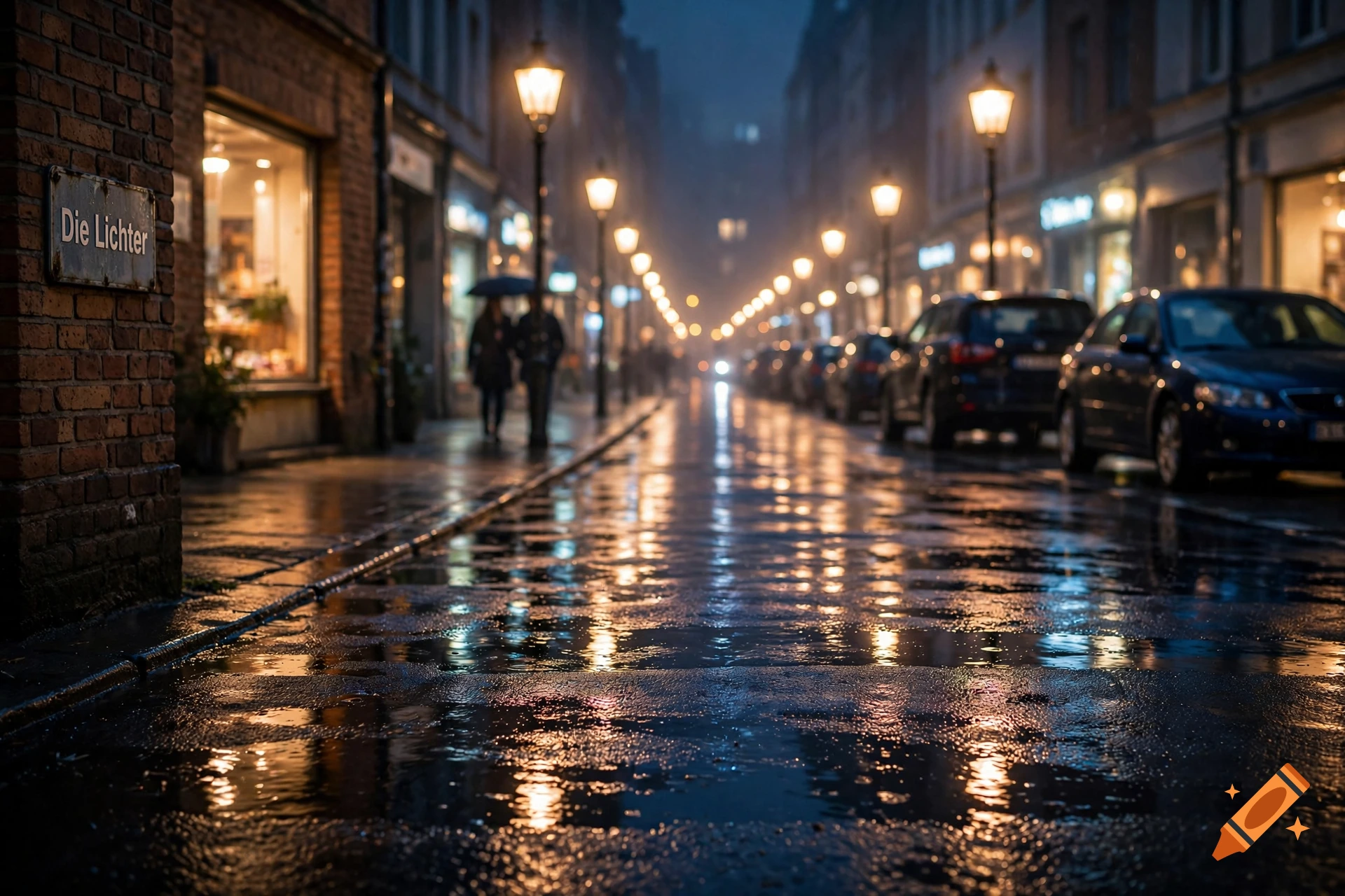 Photorealistic wet city street at night with glowing streetlights reflecting on the pavement and a sign on a brick wall reading Die Lichter.