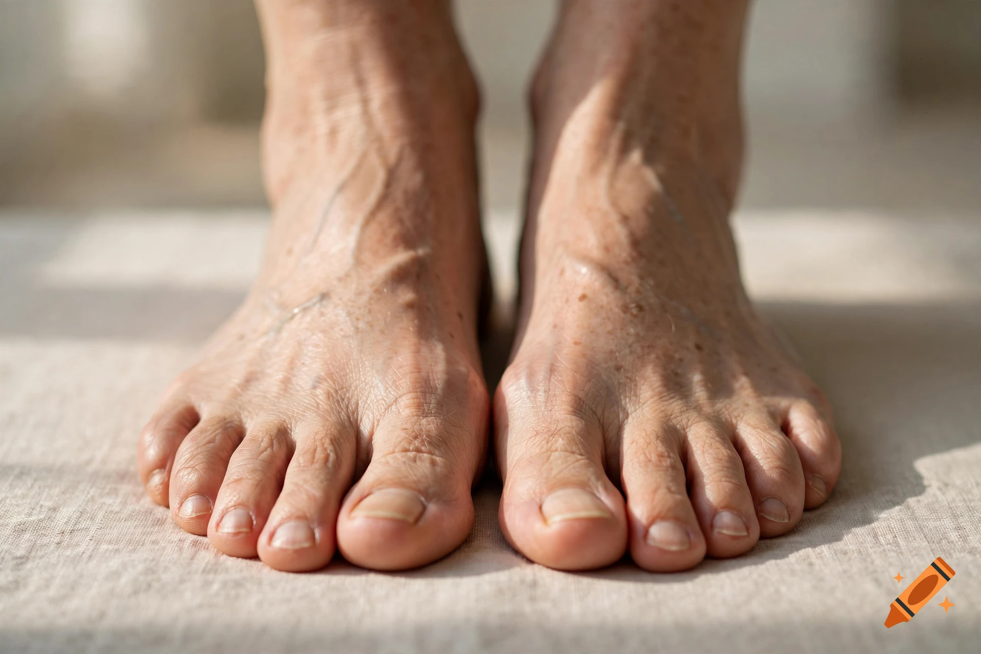 Close-up photorealistic shot of two human feet standing on a light-colored surface.