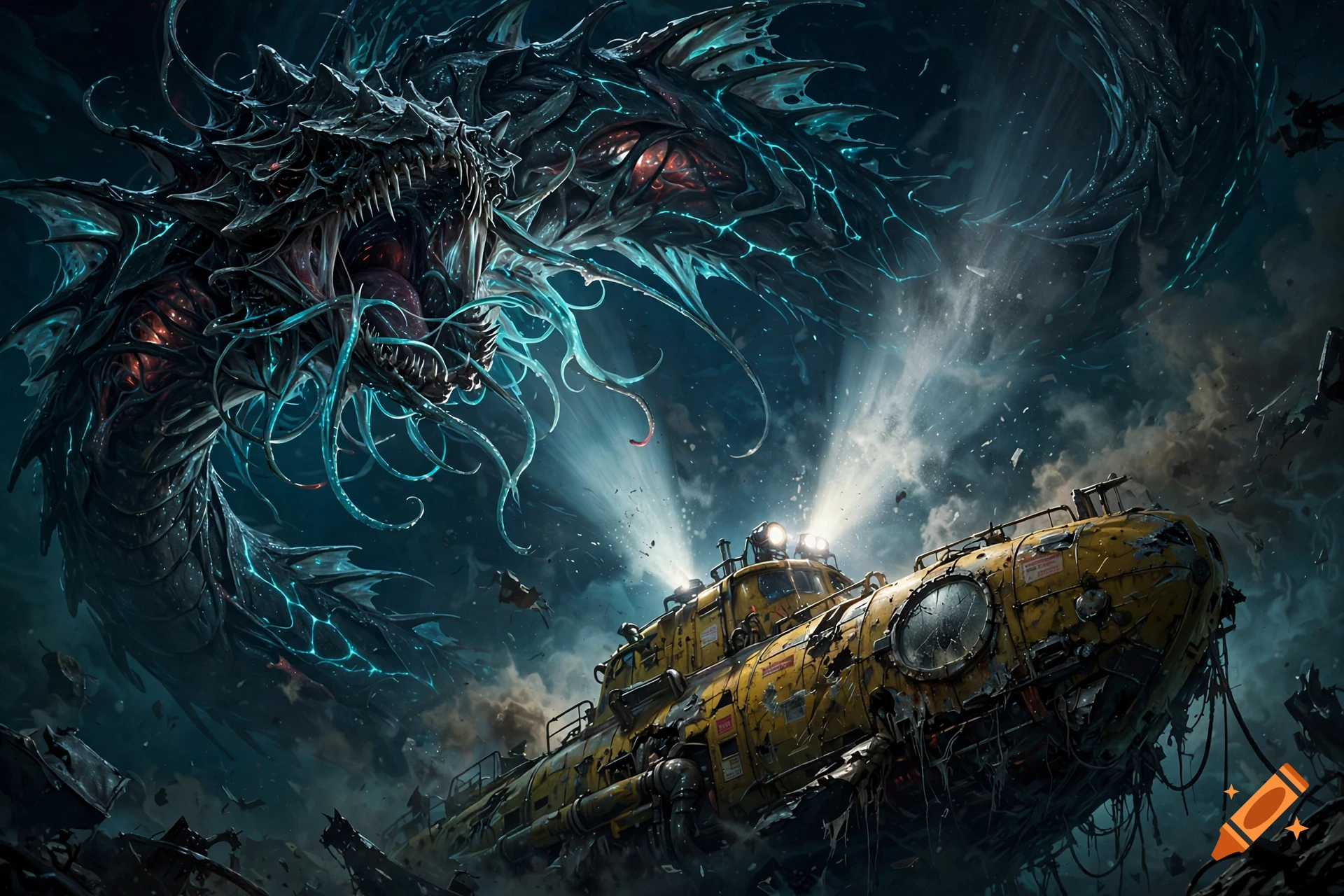 Digital painting of a yellow submarine confronting a massive, glowing cosmic sea monster in dark waters.