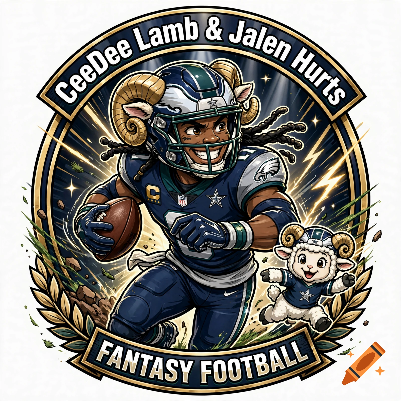 Cartoon logo featuring a football player with ram horns and a small lamb mascot, with text reading CeeDee Lamb & Jalen Hurts Fantasy Football.