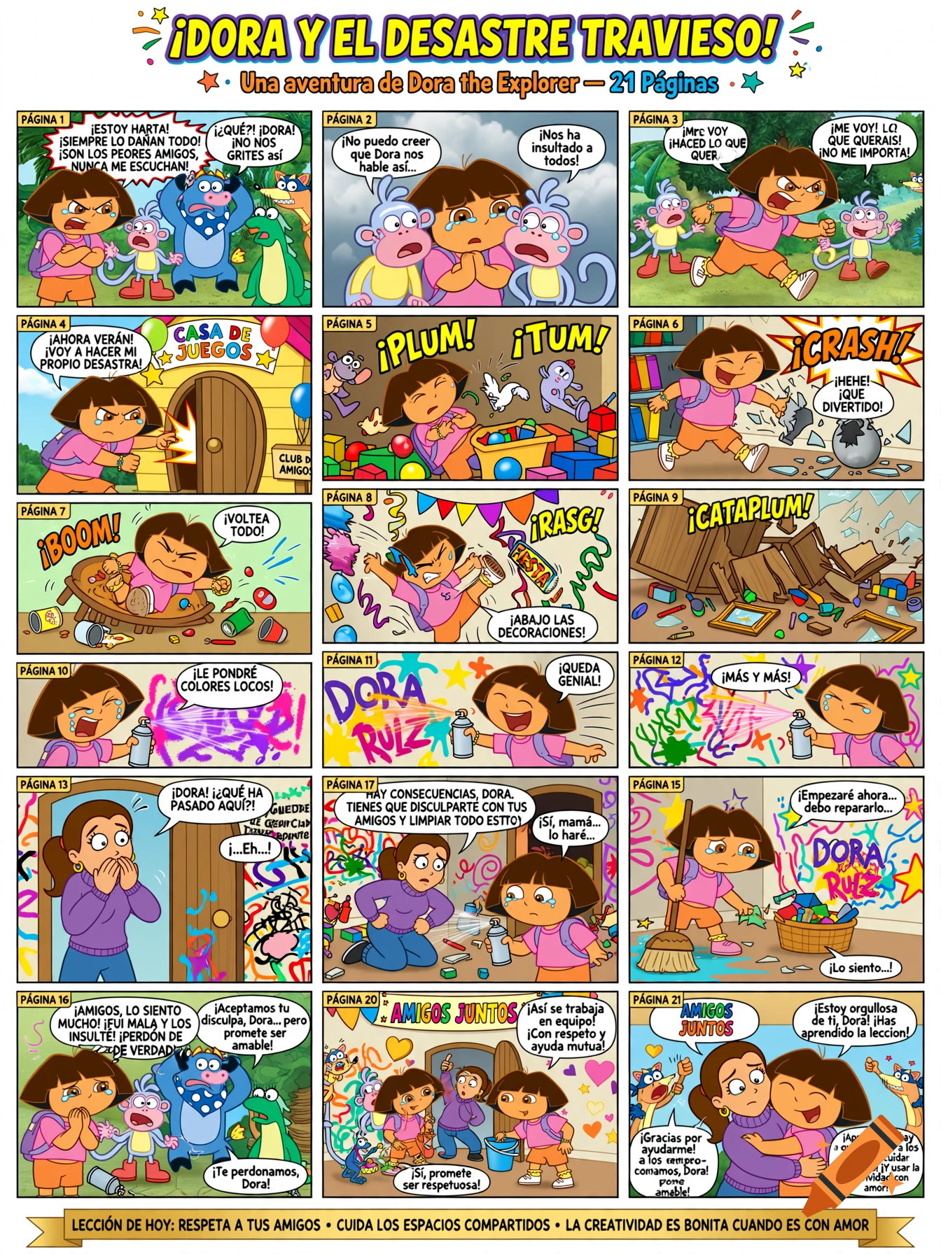 A multi-panel comic book page featuring Dora the Explorer acting mischieviously, getting scolded by her mother, and making amends.