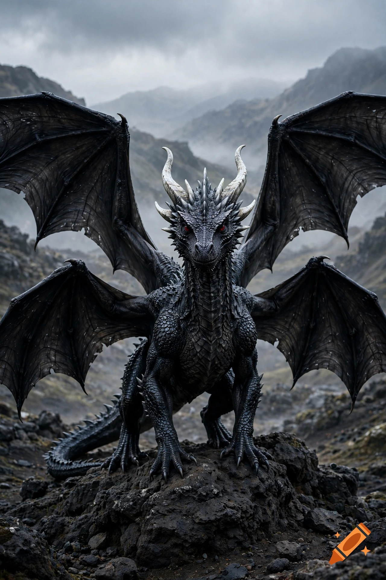 A detailed dark dragon with large tattered wings and horns perched on a rocky foreground against a misty mountain background.