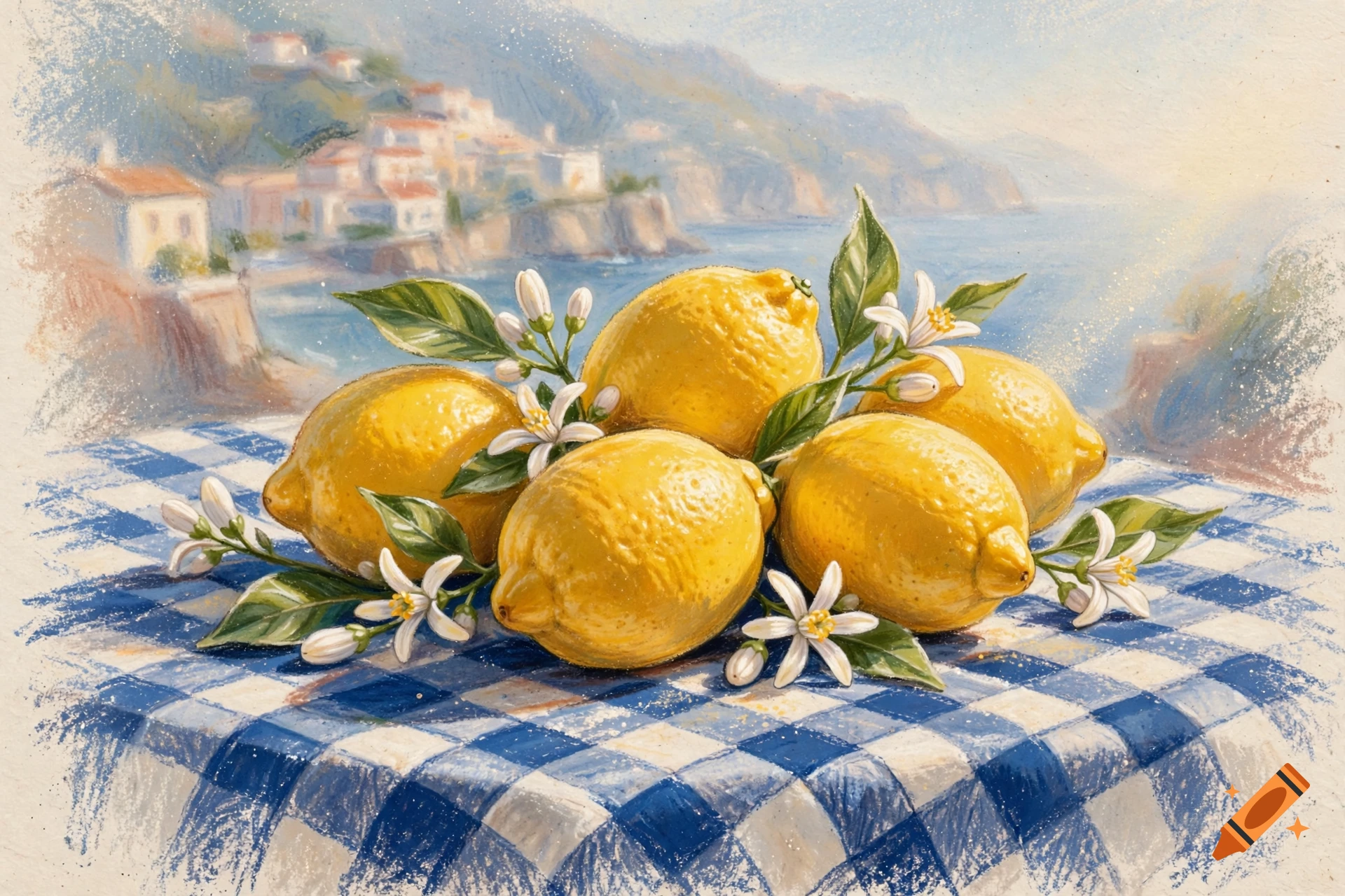 Chalk pastel painting of Amalfi lemons with leaves and blossoms on a blue and white checkered tablecloth with a coastal town background.