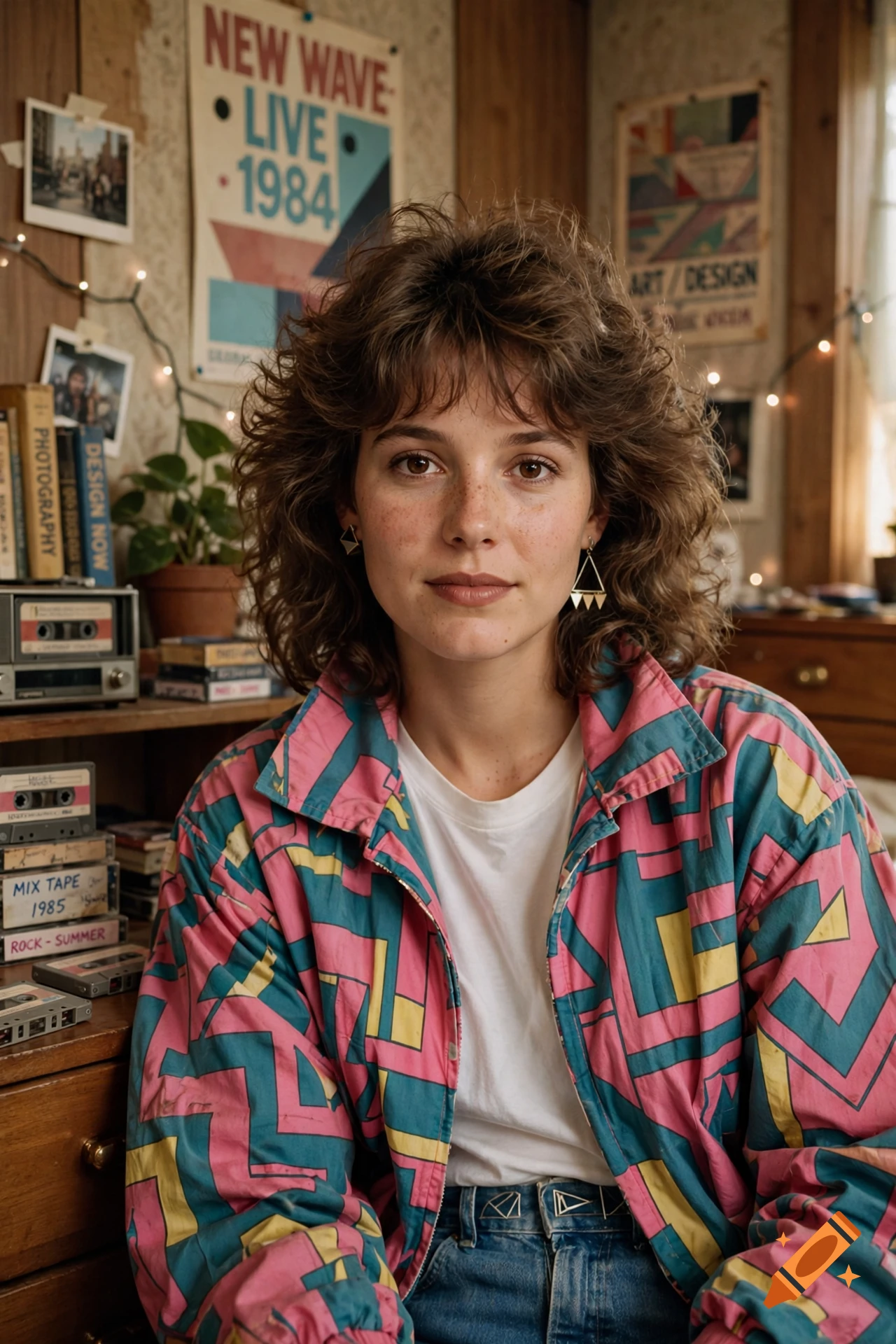Photorealistic portrait of a young adult with curly hair and freckles in a retro 1980s room, wearing a colorful patterned jacket.