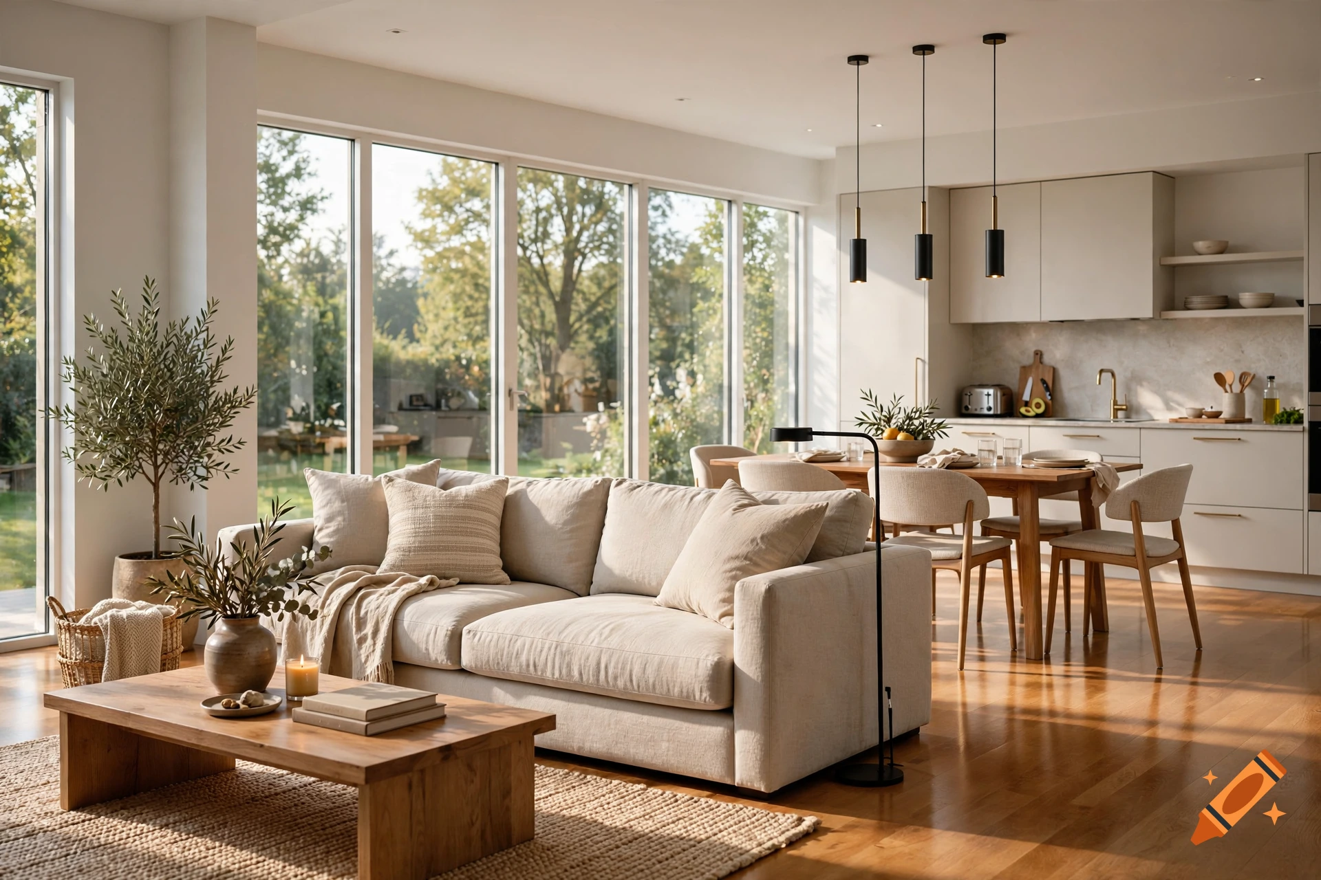 Photorealistic open-concept living room and modern kitchen with large windows overlooking a green garden.